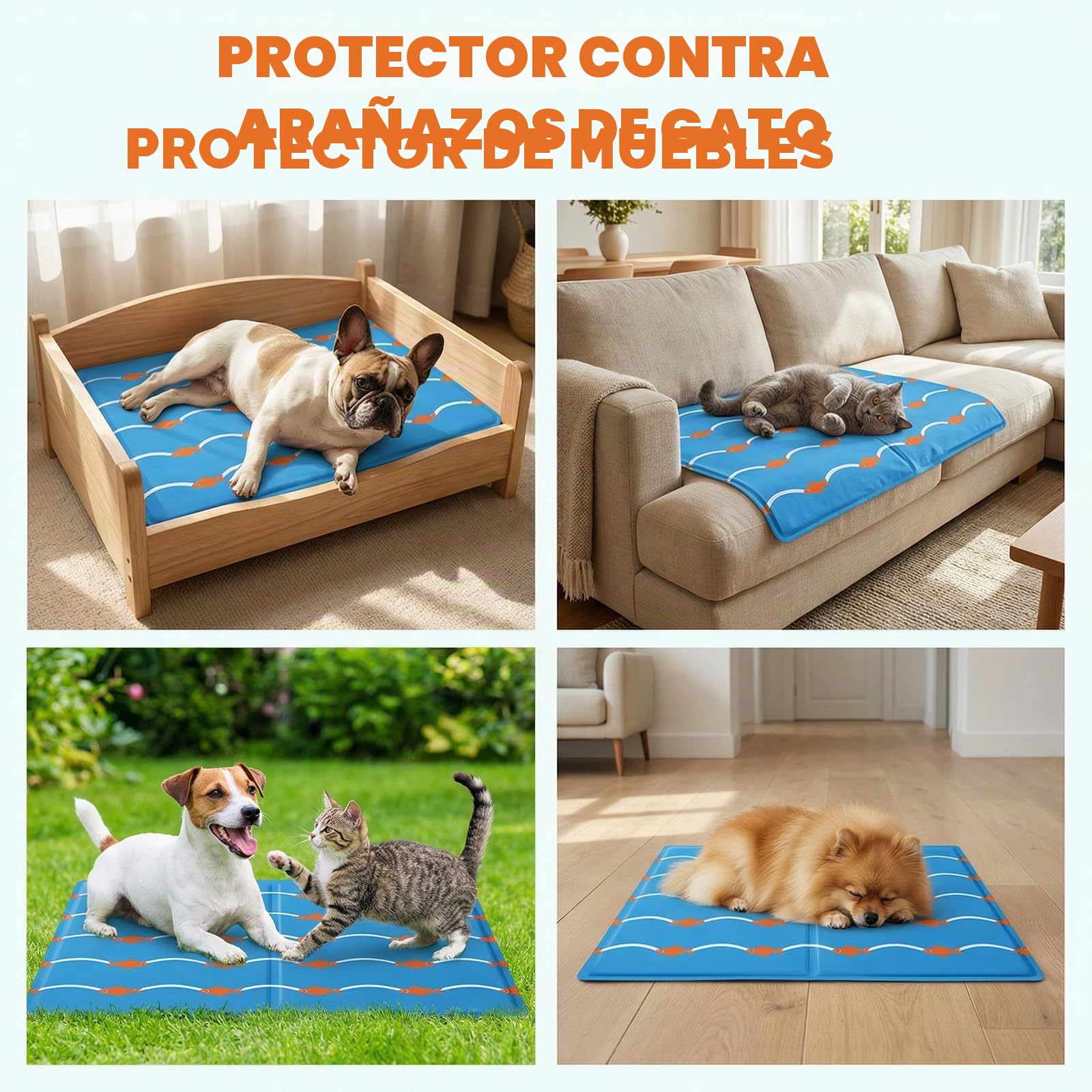 Qoosea Alfombra Refrescante para Perros y Gatos 50x65cm - Diseño Peces y Olas, Colchón Enfriador Autorefrescante, Impermeable y Plegable para Casa Coche y Viajes