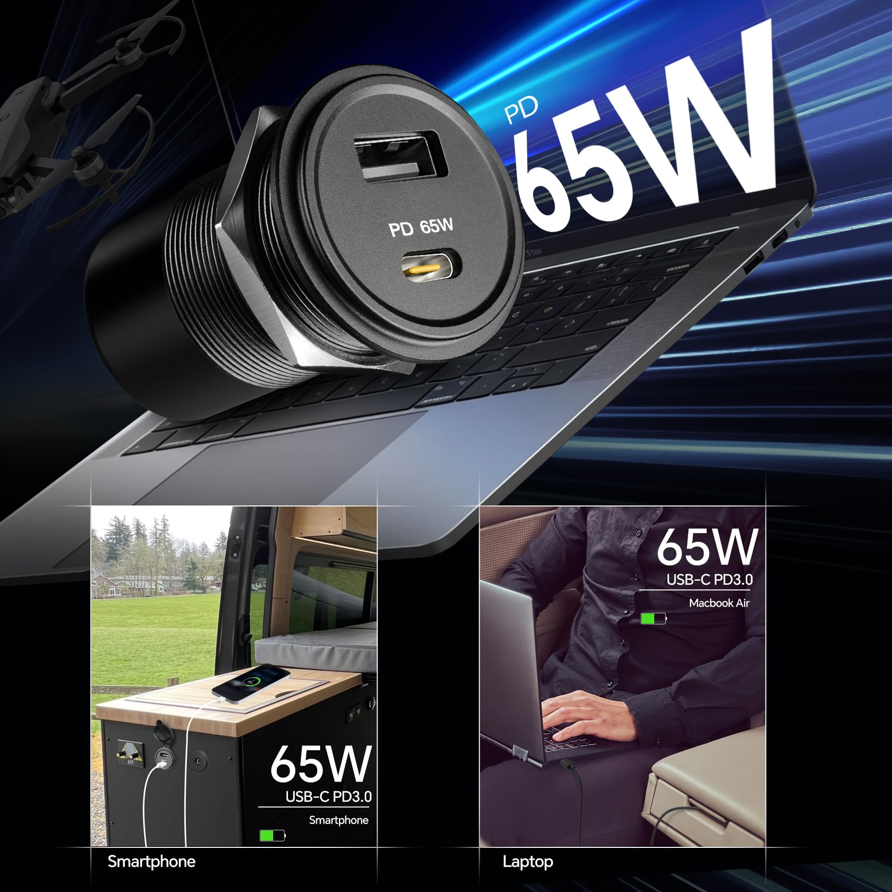 acegoo Toma USB 12V 65W PD3.0 y QC3.0 18W, Camper Aluminio Impermeable Enchufe, Computadoras Portátiles Cargador de Coche, Carga Rápida Empotrable para Autocaravana Barco Marino ATV Golf, 2 Piezas