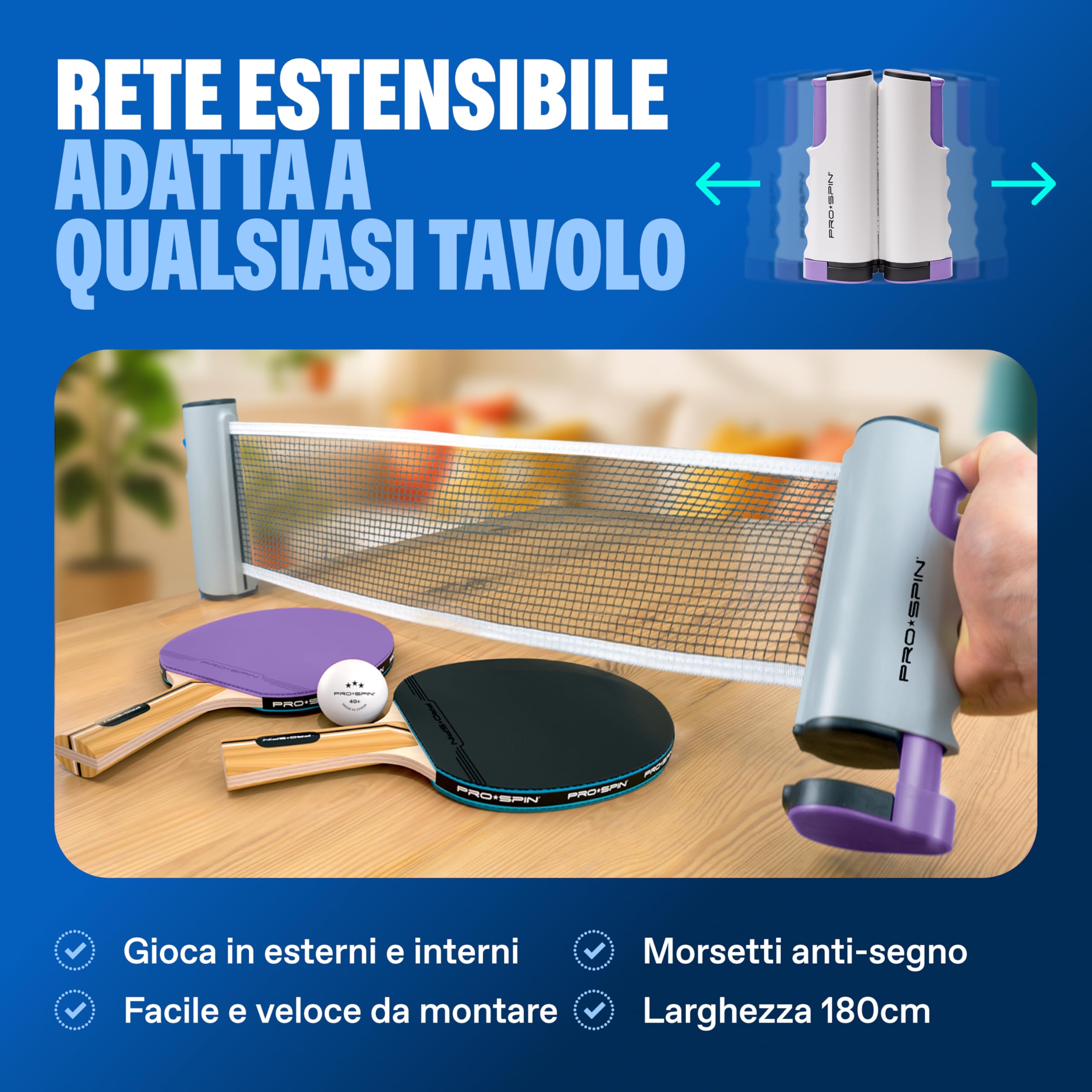 PRO-SPIN Set da Tavolo Portatile - Kit Premium con Rete Estensibile per Qualsiasi Tavolo, Racchette, Palline e Custodia per Ping Pong