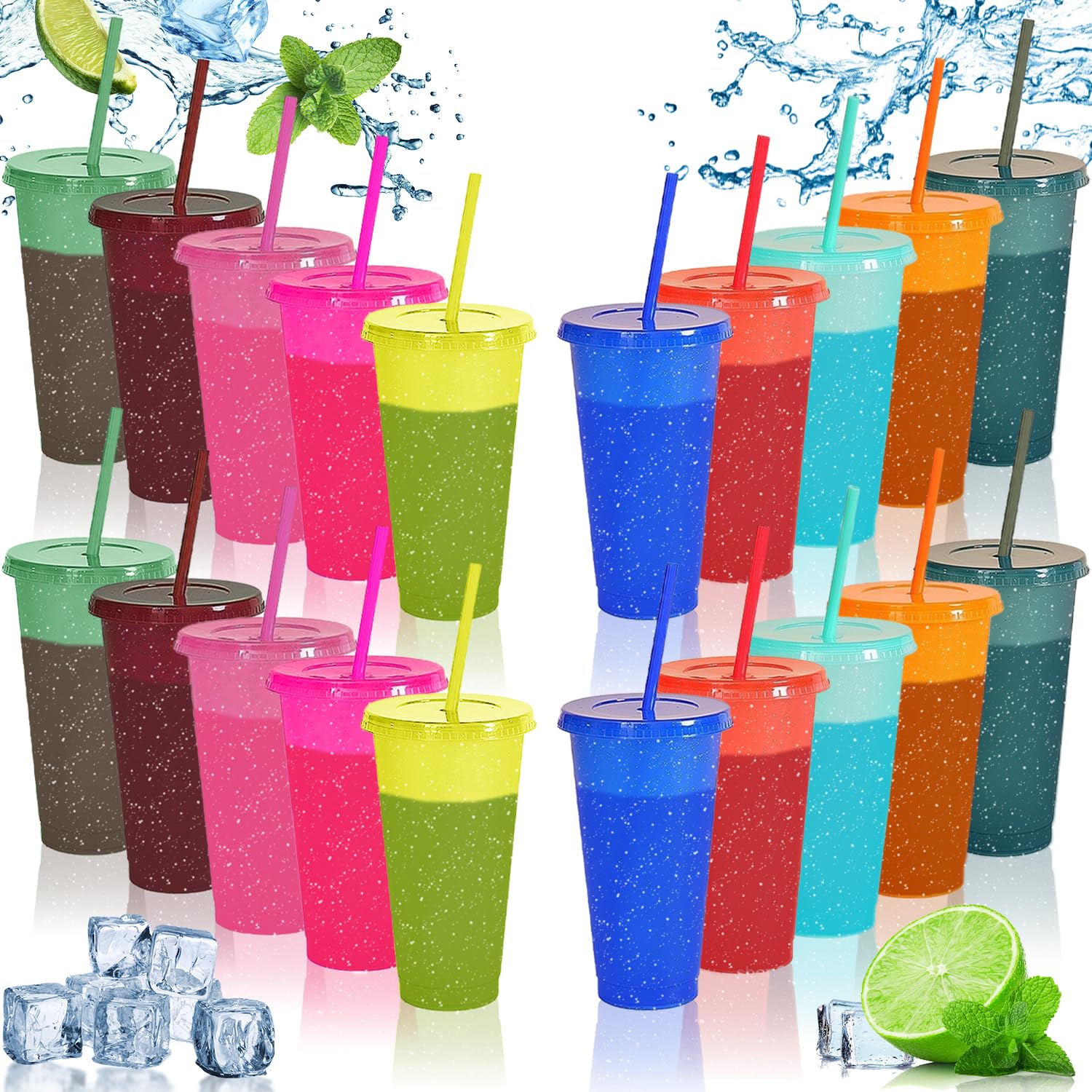 20 vasos de paja con efecto brillante y tapa, reutilizables, que cambian de color cuando se enfrían, perfectos para bebidas heladas. Los vasos mágicos imprescindibles para cualquier fiesta