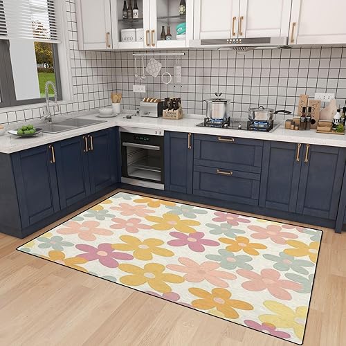 Miniatura 3 de Alfombra de área de estilo floral pastel de los años 70, diseño floral retro, alfombra de patio al aire libre, alfombra de juego moderna,
