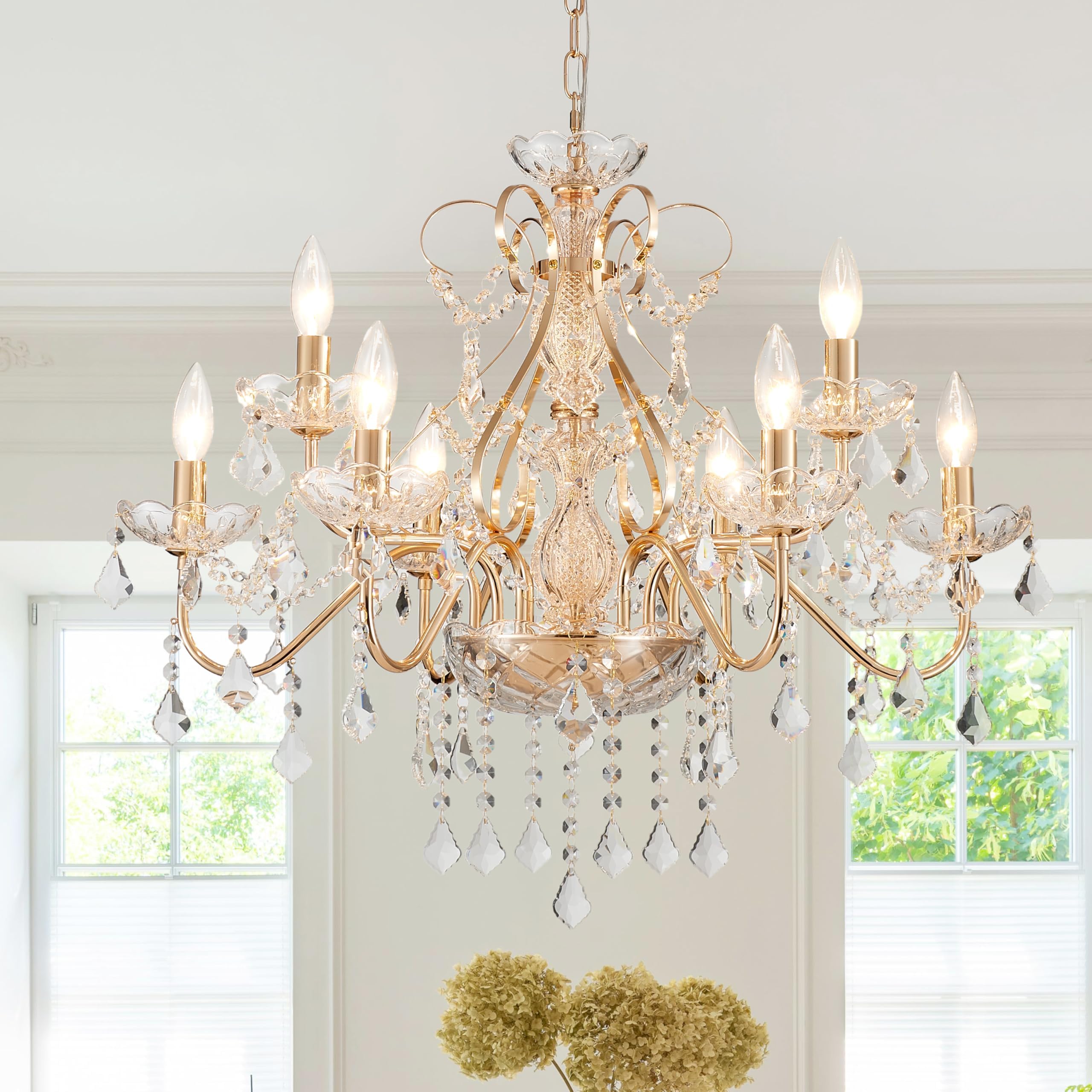 Saint Mossi Gold Crystal Chandelier for Dining Room, 9-Light Modern Chandelier Pendant Light, French Gold Crystal Raindrop Chandelier for Bedroom, Living Room, Foyer, H19 x D24