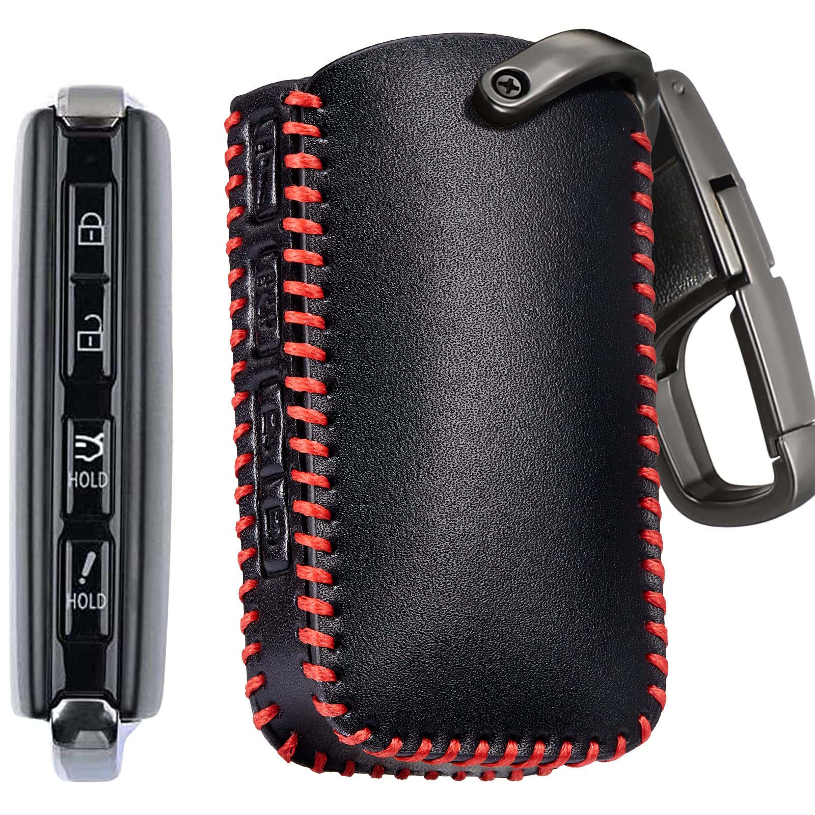 SlohifLeather Key Fob Cover Accessories for Mazda for 3 CX-5 CX-9 CX-30 CX-50 2022 2023 4 Buttons, Leather Case+D-Ring+Hook(Black)