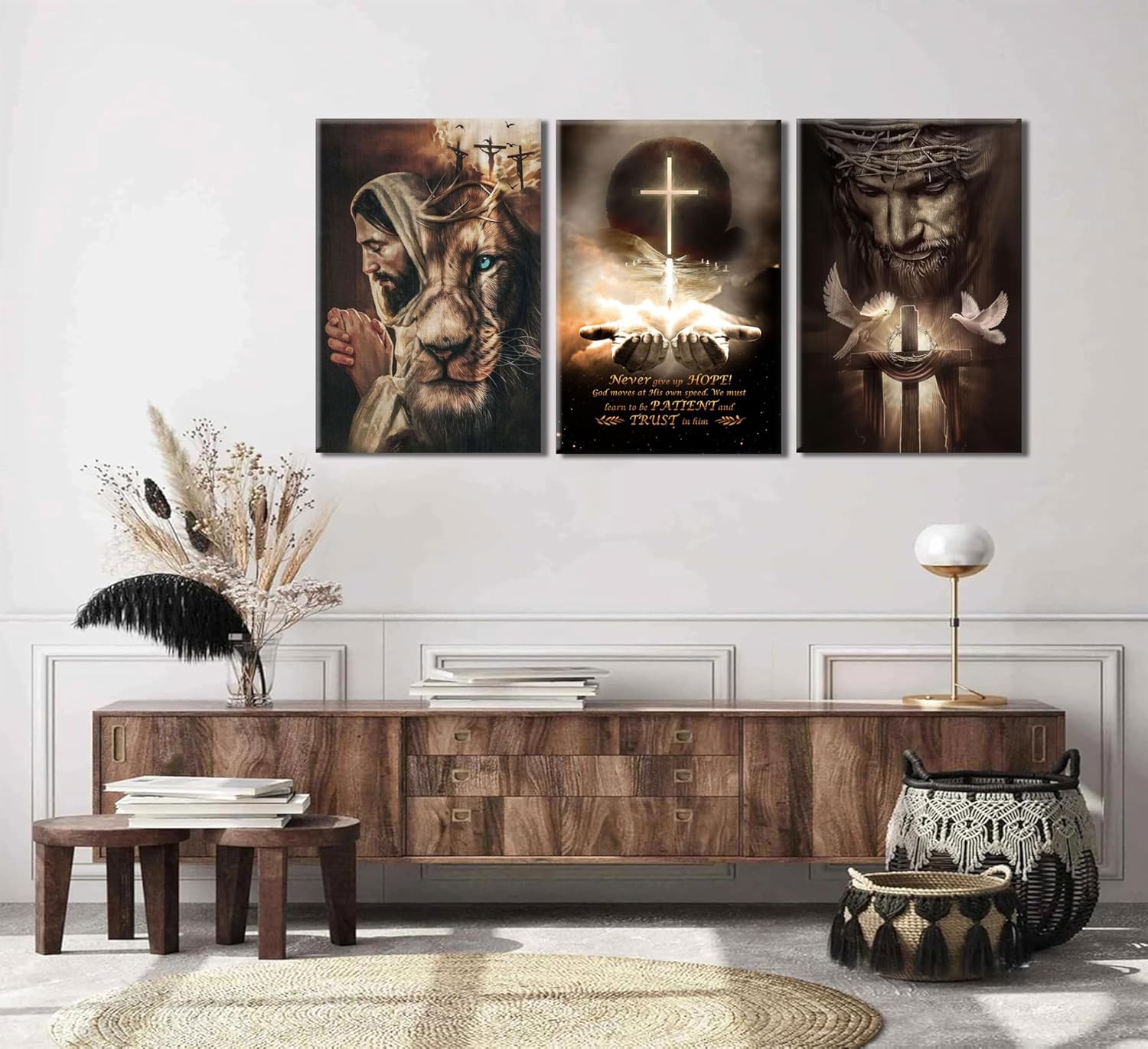 3Pcs Jesus Wall Art Jesus Lion Posters Pictures Christian Peace Dove Canvas Wall Decor Bible Cross Painting Prints for Room Religious Churches Decor Framed
