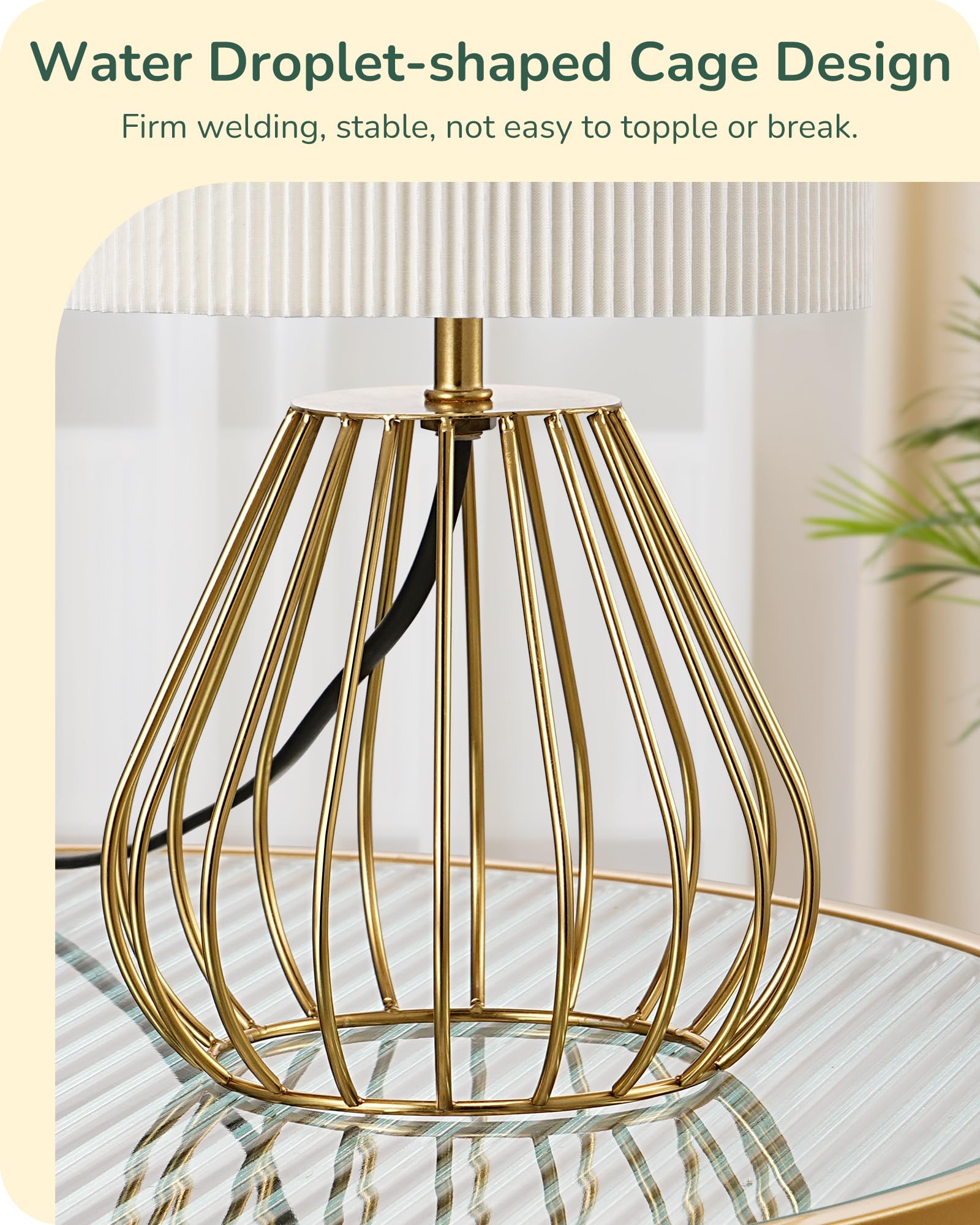 EDISHINE Table Lamp, Gold Water Droplet Shaped Metal Cage Base & Cream Coloured Pleated Lampshade, E14 Socket - Image 3