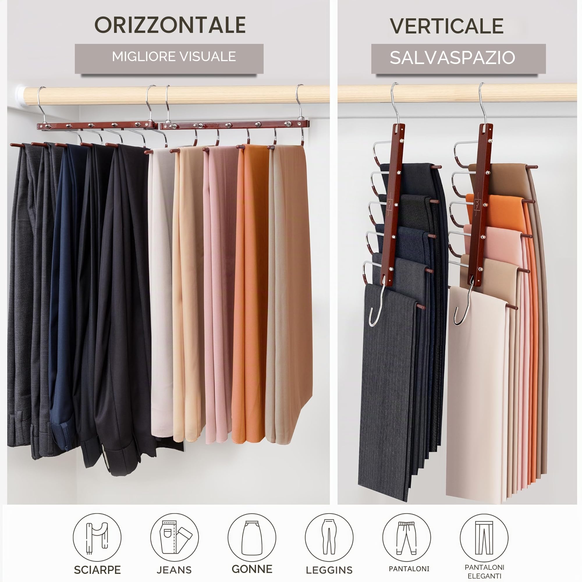 MORALVE Grucce salvaspazio per pantaloni, confezione da 2 grucce in legno di faggio europeo per sciarpe e jeans, organizer per armadio e pantaloni, appendiabiti per leggings e sciarpe, con gancio