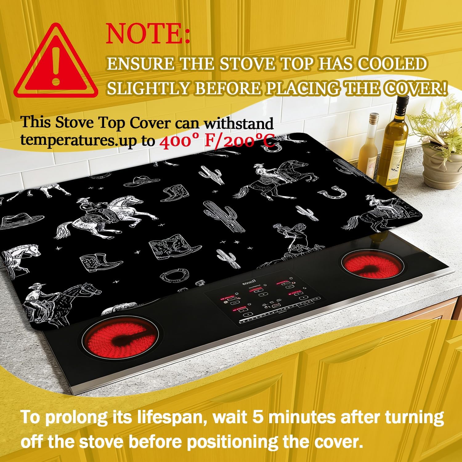Western Cowboy Cactus Electric Stove Top Cover Protector,Glass Top Gas Stove Pad Heat Resistant Range Cooktop Mat for Kitchen 28"x20"