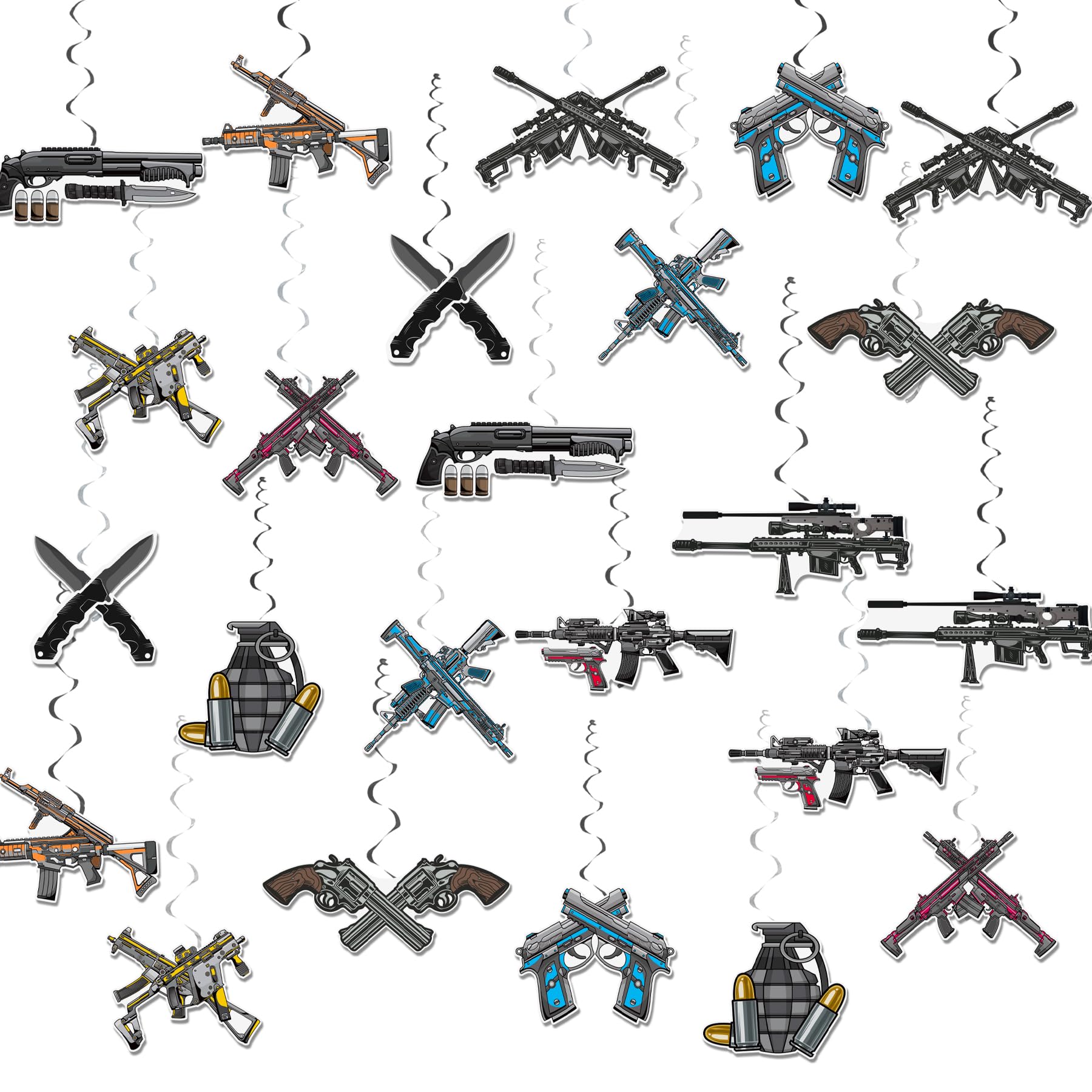 24 Pack Gun Hanging Swirls Gun Spirals Gun Hanging Decorations Ceiling Decor for Gun Pistol Birthday Party Decorations Gun Party Supplies