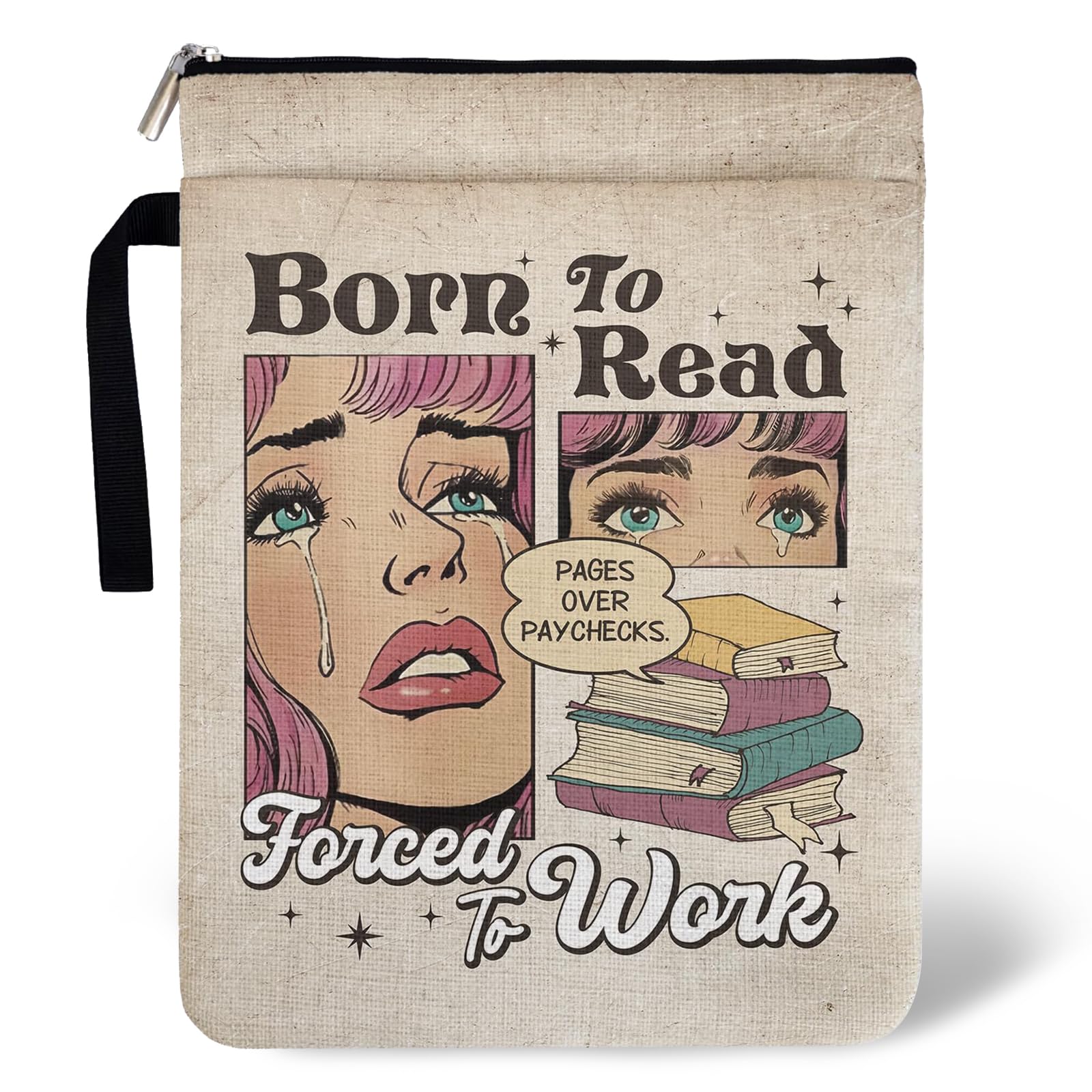 Funny Book Lover Gift Book Cover, "Born to Read Forced to Work" Book Sleeve Pouch, Polyester Book Bags for Women with Lanyard,