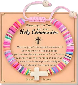 Baptism Gifts Cross Bracelet for Girl, First Communion Confirmation Bless Gifts for Teenage Girls Boys, Kindergarten Preschool Graduation Christening Gift for Daughter Granddaughter Godchild