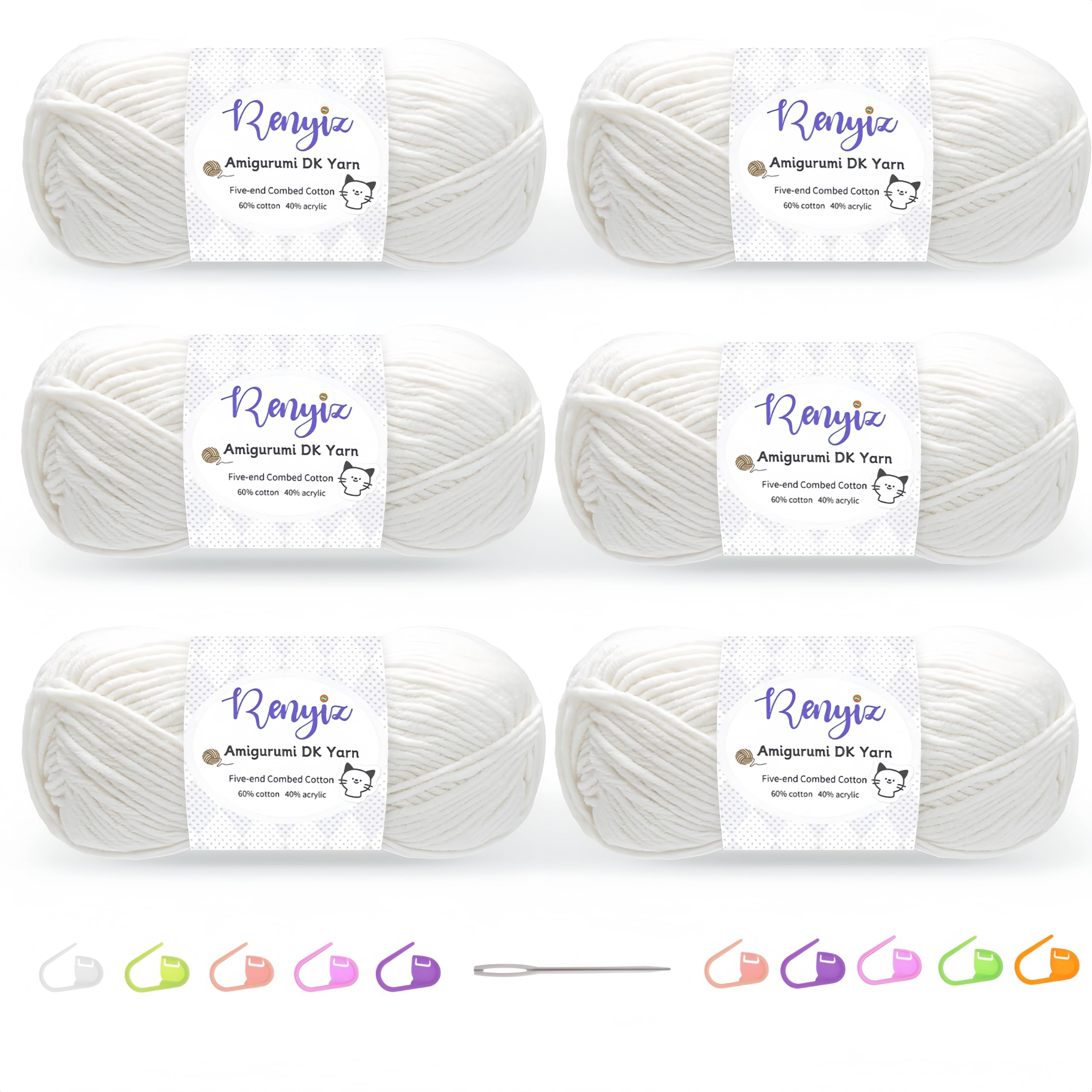 Renyiz Crochet Yarn, 6 x 50g Cotton Yarn (60% Cotton & 40% Acrylic) DK Wool for Crochet with Accessories, Suitable for Baby Wool Crafts & Knitting White โ image 1