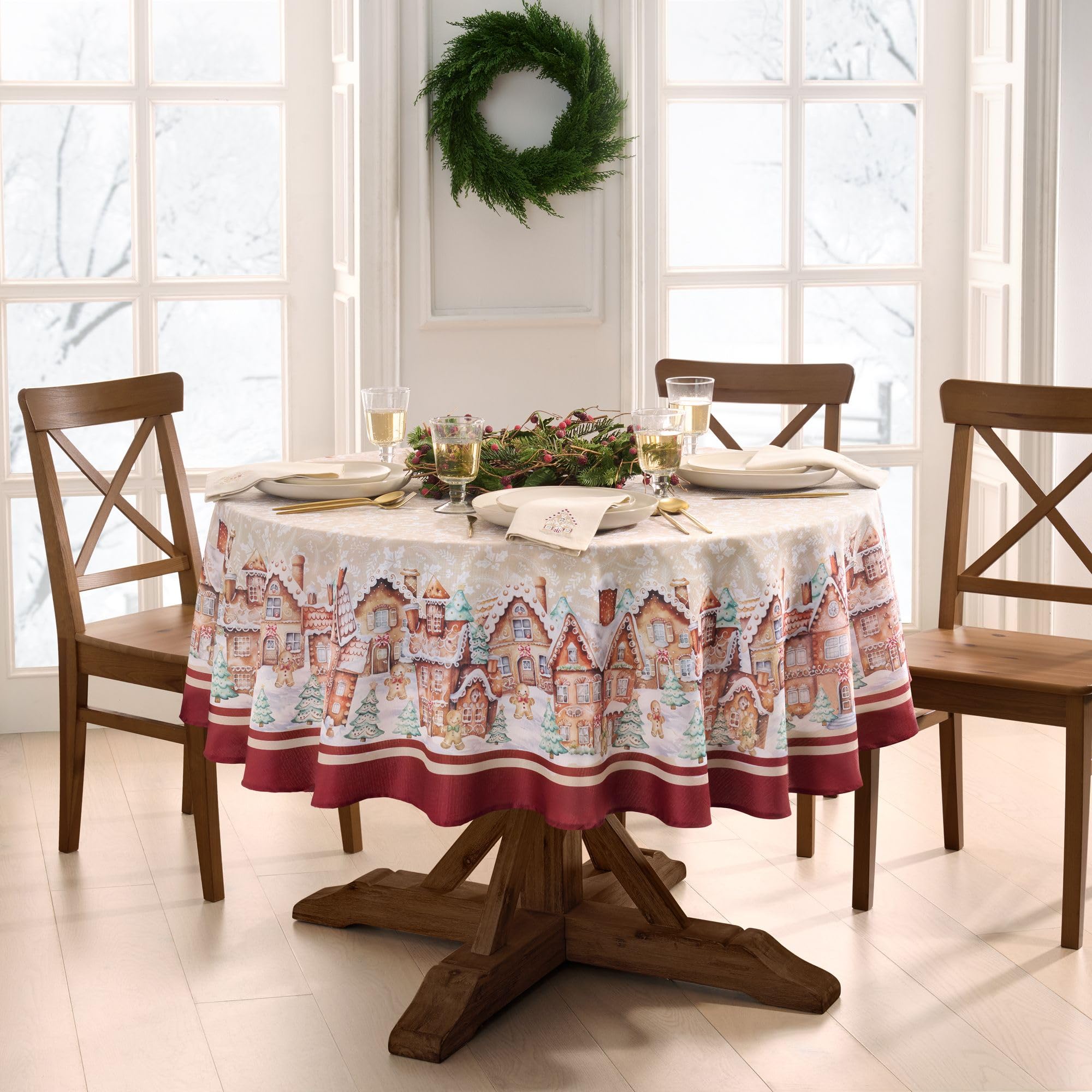 Elrene Home Fashions Gingerbread Village Bliss Christmas/Holiday Bordered Tablecloth, 60"x84" Oval