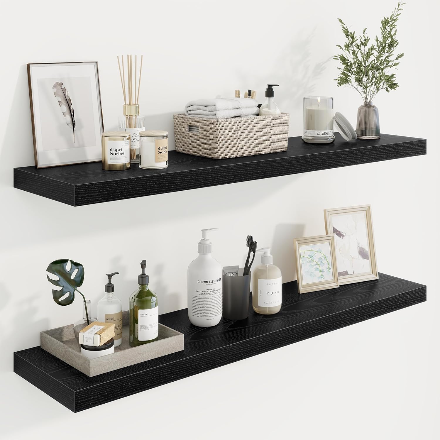 40in Floating Shelves for Wall, 40"W x 9.25"D x 1.25"H, 2 Pack Long Wall Mounted Engineered Wood Shelves with Invisible Brackets for Living Room, Bedroom, Bathroom, Kitchen Decor and Storage, Black Glam Black 40"W x 9.25"D, 2 Packs