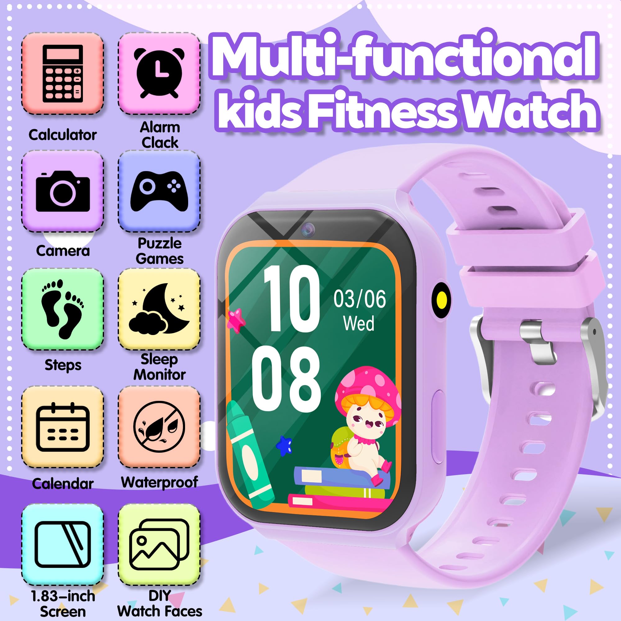 Smartwatch Bambini, 1.83" Orologio Smartwatch Bambini Fitness Tracker con 18 Giochi Fotocamera Contapassi Sveglia Monitor del Sonno Impermeabile Regali di Natale e Compleanno per Ragazza Ragazzo