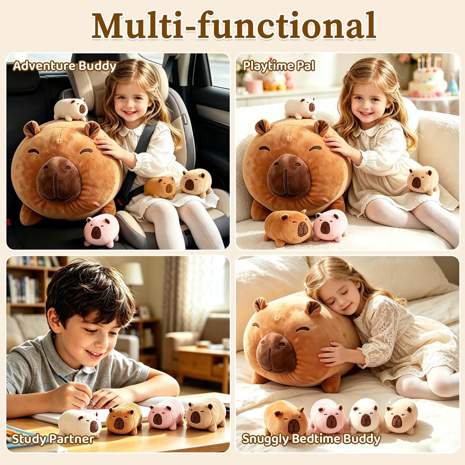 MMguai Capybara Plush Toy with 4 Baby Babies in Tummy, 16 inch Soft Stuffed Animal Plush Pillow, Cute Cuddly Gift for Kids Boys Girls, Birthday Home Decor