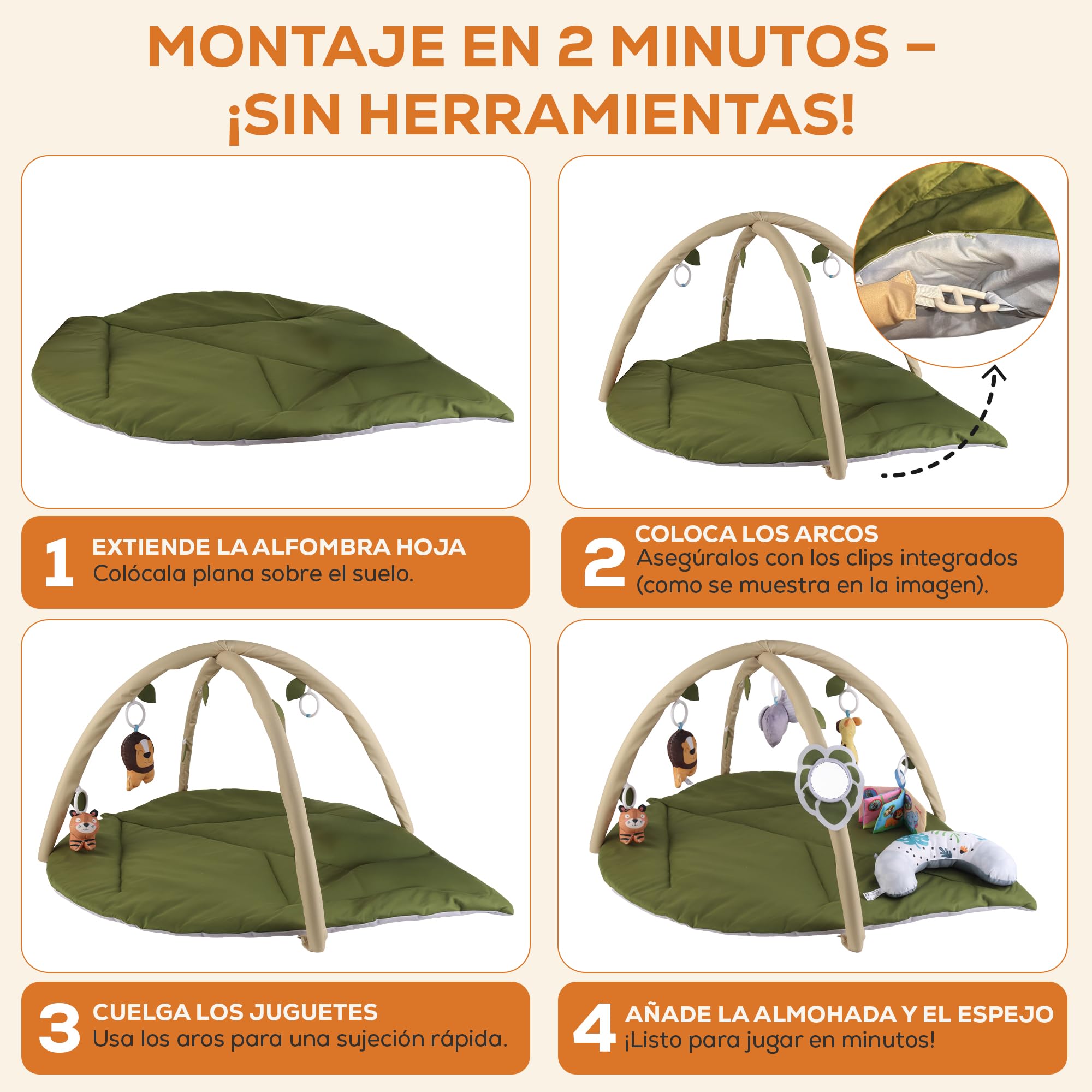 Gimnasio Bebé, Tapete de Actividades y Alfombra de Juegos Acolchada Lavable | Lavable a máquina, arco con 6 juguetes sensoriales desmontables, 2 mordedores, tummy time y uso de 0 a 12 meses