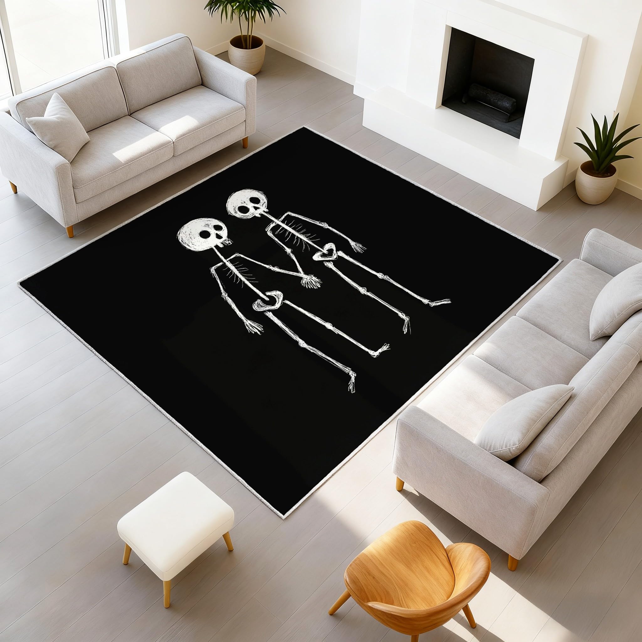 Tapis couple de Halloween noir 120x160cm lavable à poil ras au dessin squelettes moderne