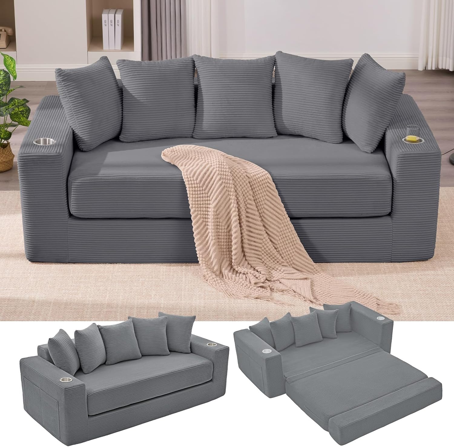 Anwick 2-in-1 Convertible Sleeper Sofa Bed, Corduroy Boneless Loveseat Cloud Couch for Living Room, Compressed Sofa in a Box, 5 Pillows, Fixed Frames, Side Pockets & Cup Holders, No Assembly (Gray)