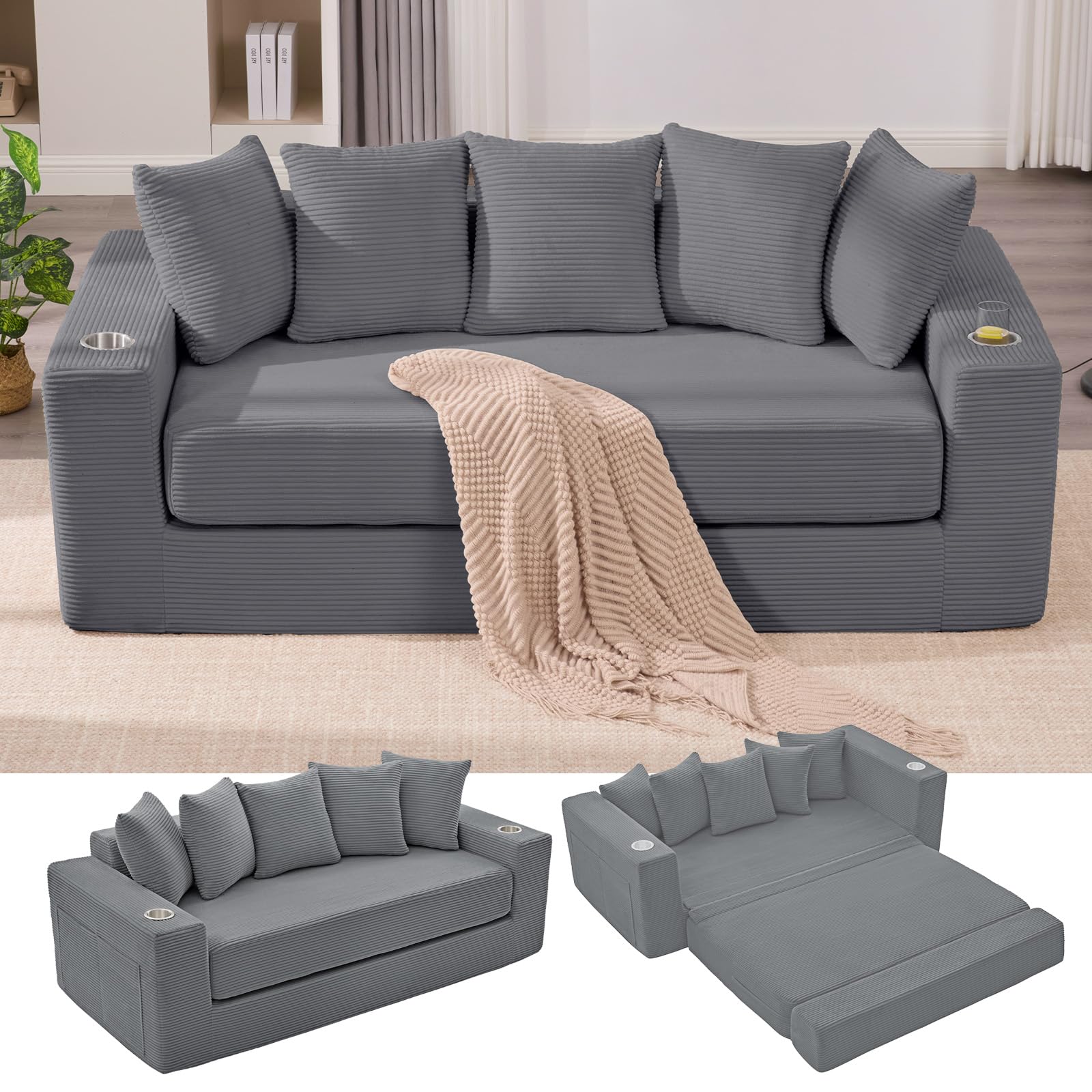 Anwick 2-in-1 Convertible Sleeper Sofa Bed Corduroy Boneless Loveseat Cloud Couch for Living Room Compressed Sofa in a