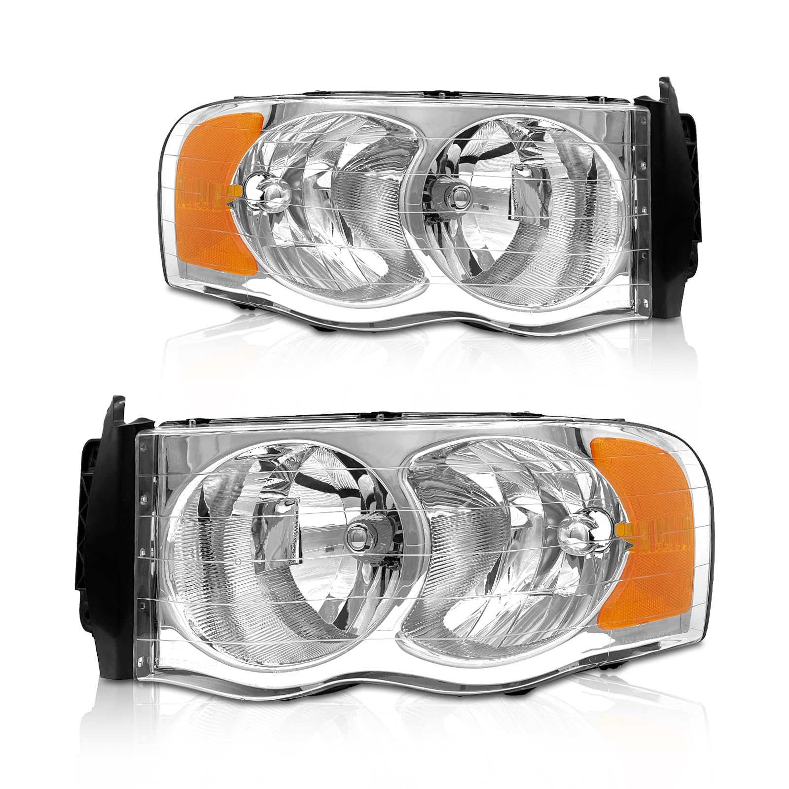 Headlights Assembly Compatible with 2002 2003 2004 2005 Dodge Ram 1500/03 04 05 Dodge Ram 2500/3500 Chrome Housing Amber Reflector Driver and Passenger Side Pair