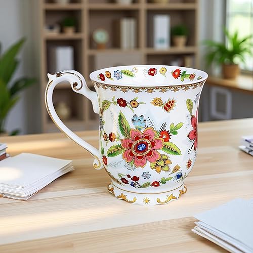 Miniatura 5 de Taza de café vintage con estampado de flores en relieve, taza de café retro de porcelana de alta calidad de 11.8 onzas para café, té, leche,