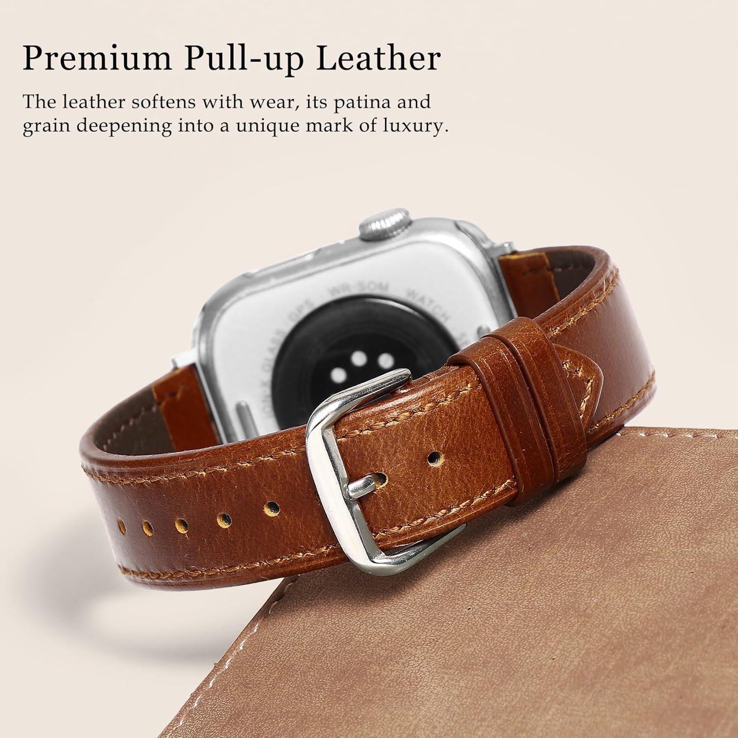 Soft Top-Grain Leather Watch Band Men Women, Compatible with All Apple Watch Series, Breathable, Sweat-Resistant iWatch Strap
