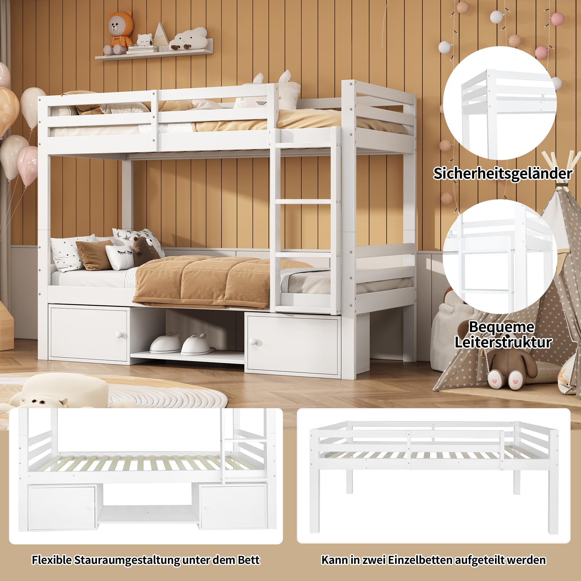 90x200cm, cuna con zapateros y taquillas, cama dividida en 2 camas individuales, cama juvenil, cama individual, blanco