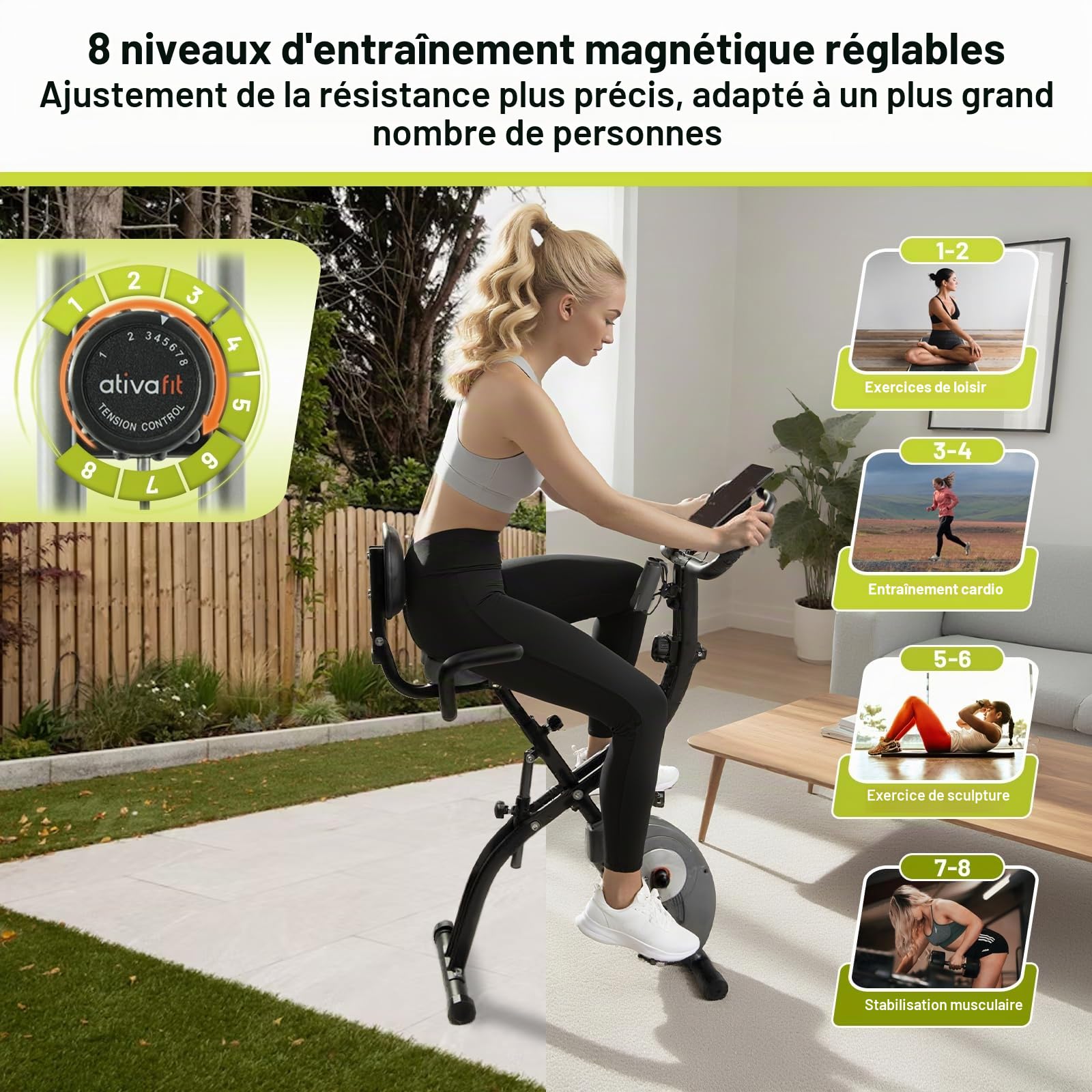 ATIVAFIT Vélo d'Appartement Pliable Vélo d'Entraînement avec Ecran ACL à Capteur de Pouls Manuel, Sièges et Poignées Confortable