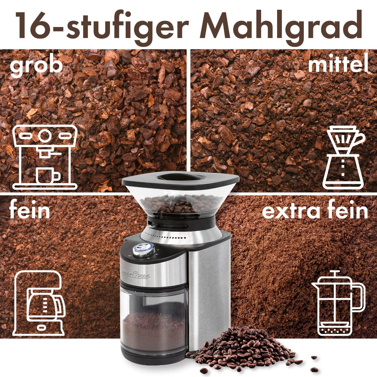 ProfiCook PC-EKM 1205 - Macinacaffè elettrico con macinacaffè regolabile (da grossolana a extra fine), per filtri o colino, caffè turco, moka, coperchio protettivo per aromi, in acciaio INOX