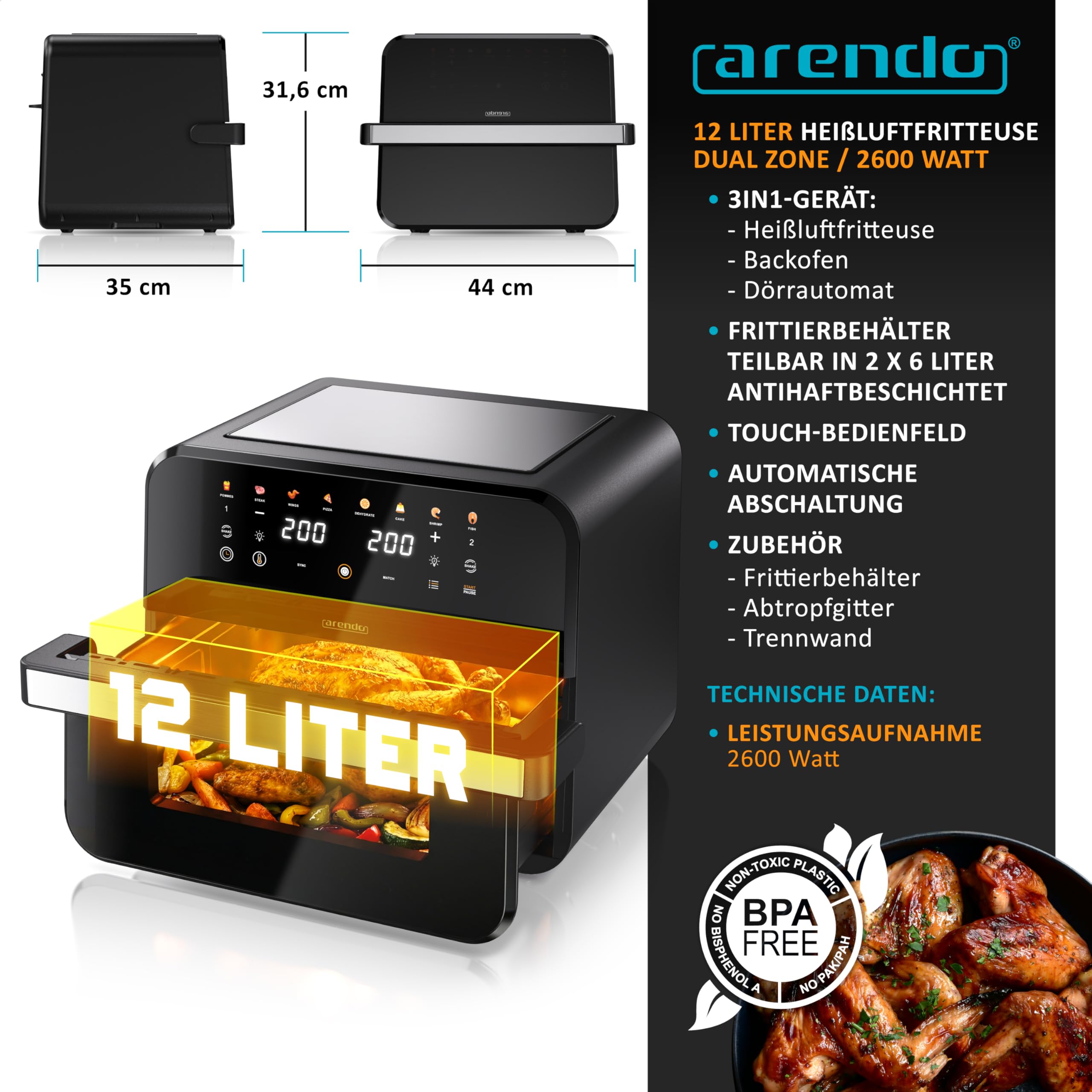 Arendo - Heißluftfritteuse XXL 12 Liter - 2 Kammern / 1 Kammer Match Funktion - extra Groß - Backofen Umluft - Grill - Dörrautomat - Air Fryer - Fritteuse ohne Öl - Pizza Hähnchen Pommes