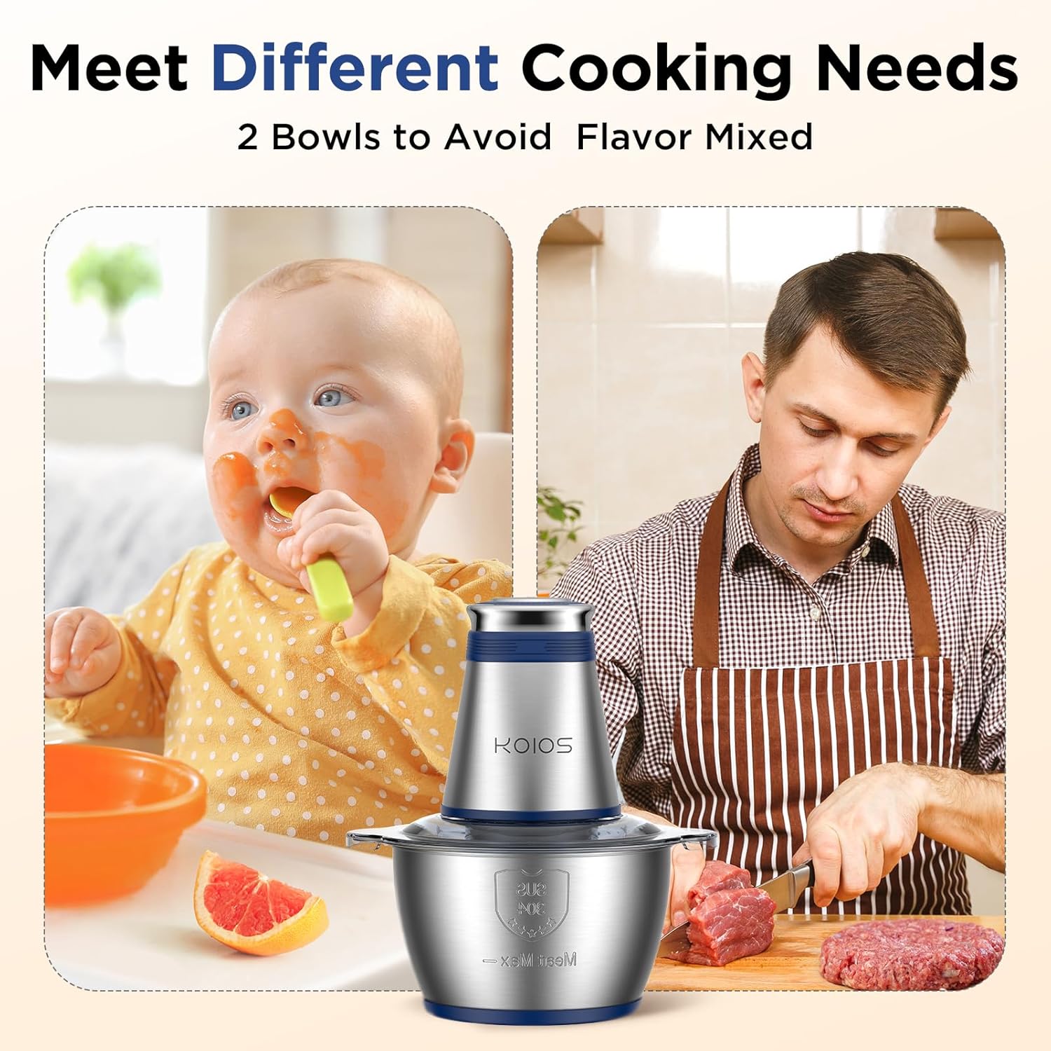 Image showing a baby eating pureed food and a man chopping meat, illustrating the use of two different bowls to avoid flavor mixing.