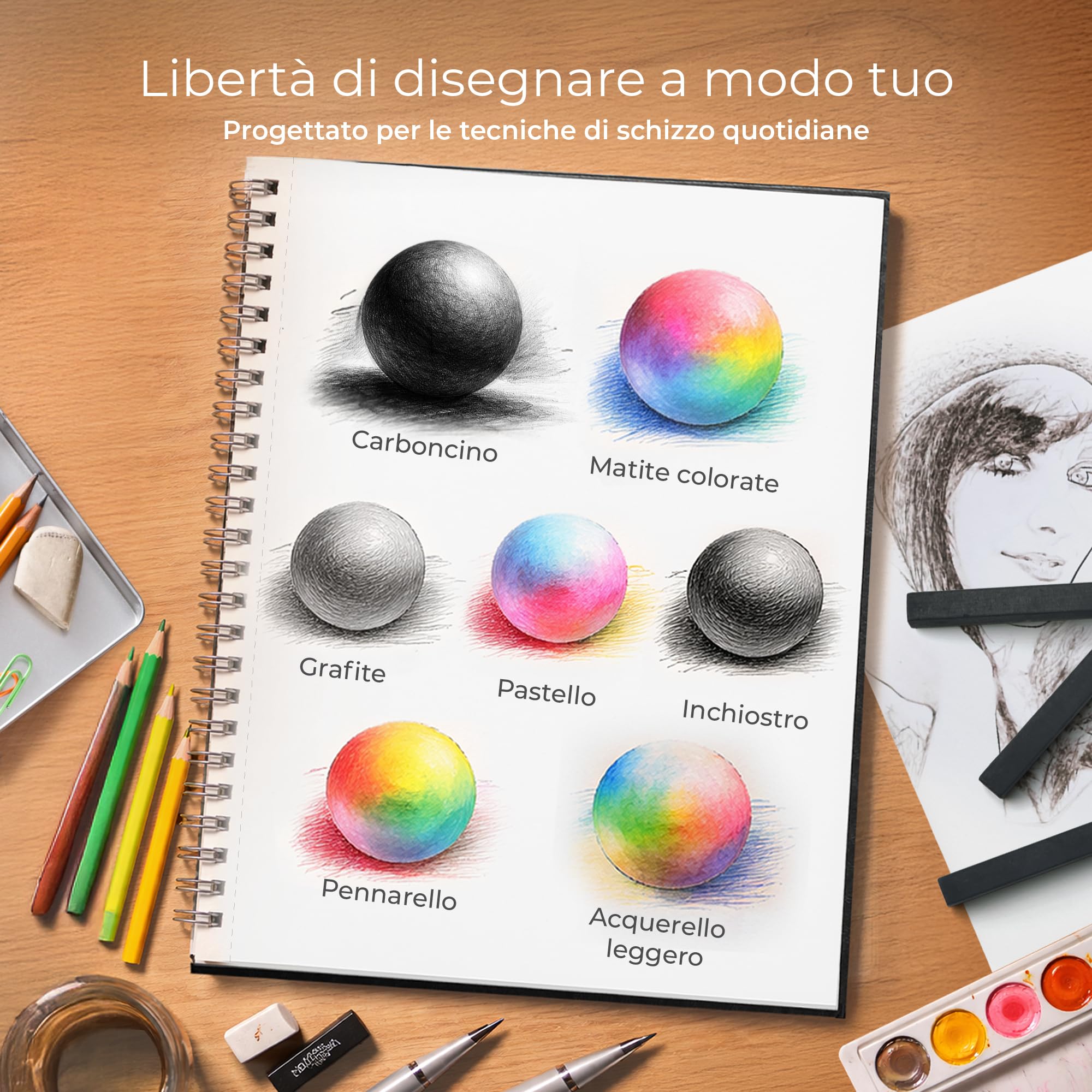 DIYIDEA Album da Disegno A4 200 g/m² – 100 Pagine, Spirale con Copertina Rigida – Blocco Disegno per Matita, Carboncino, Grafite e Pastello – Per Principianti e Professionisti