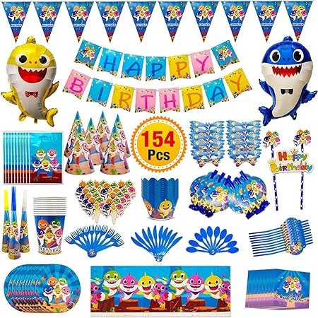 Amazon Com Empire Party Supply 154 Pc Baby Shark Party Supplies And Birthday Decorations Disposable Tableware Kit Blowing Dragon Paper Hats Gift Bag Banner Blowouts Balloon Cake Toppers Pennant Home Kitchen