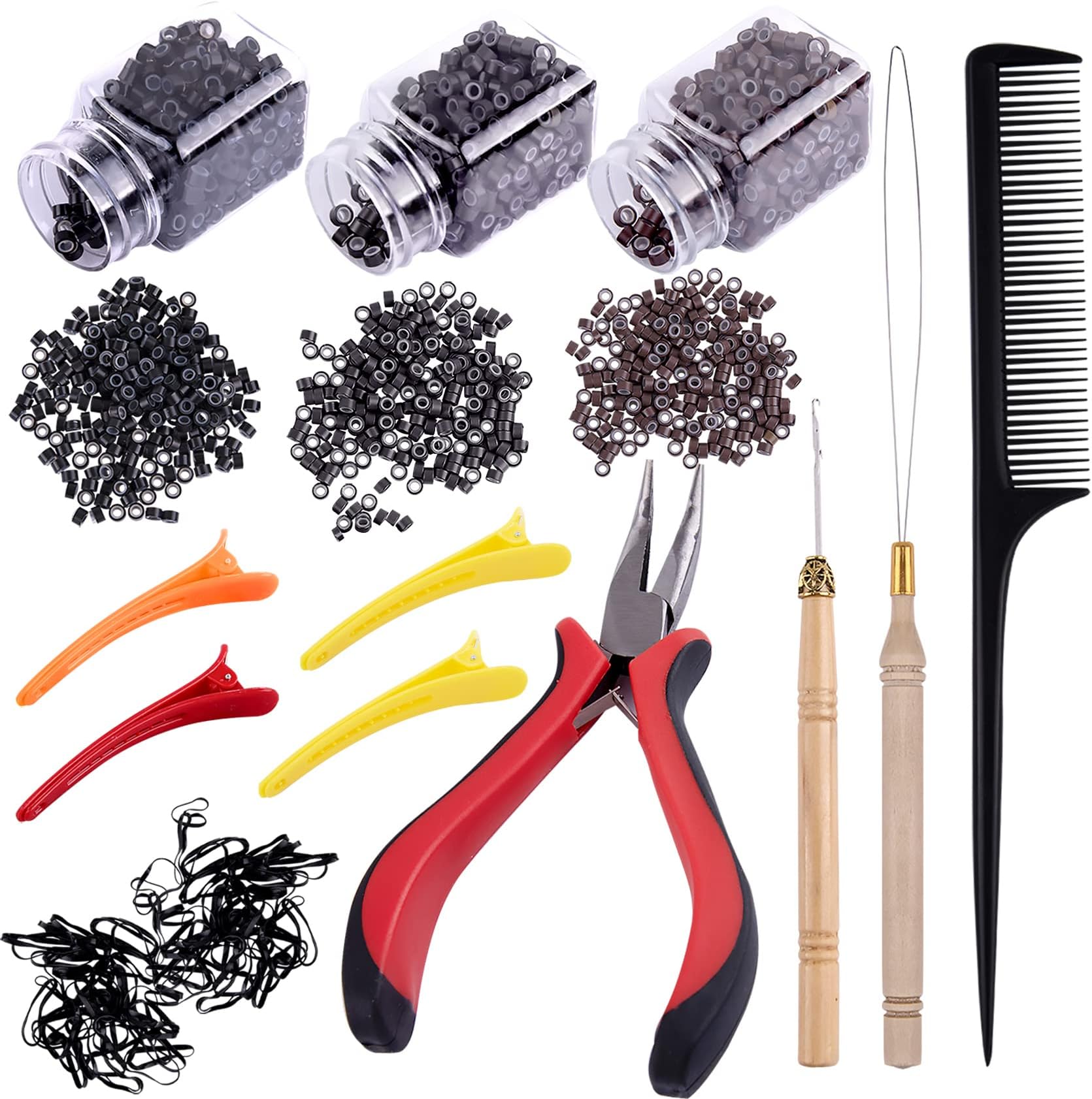 Duufin Hair Extensions Tools Kit 1500 Pcs Micro Ring Beads(Black, Dark Brown and Brown) 1 Micro Beads Plier 2 Hook Needle Pulling Loop 4 Plastic Hair Clips 1 Comb and 2 Bags Black Mini Hair Elastic