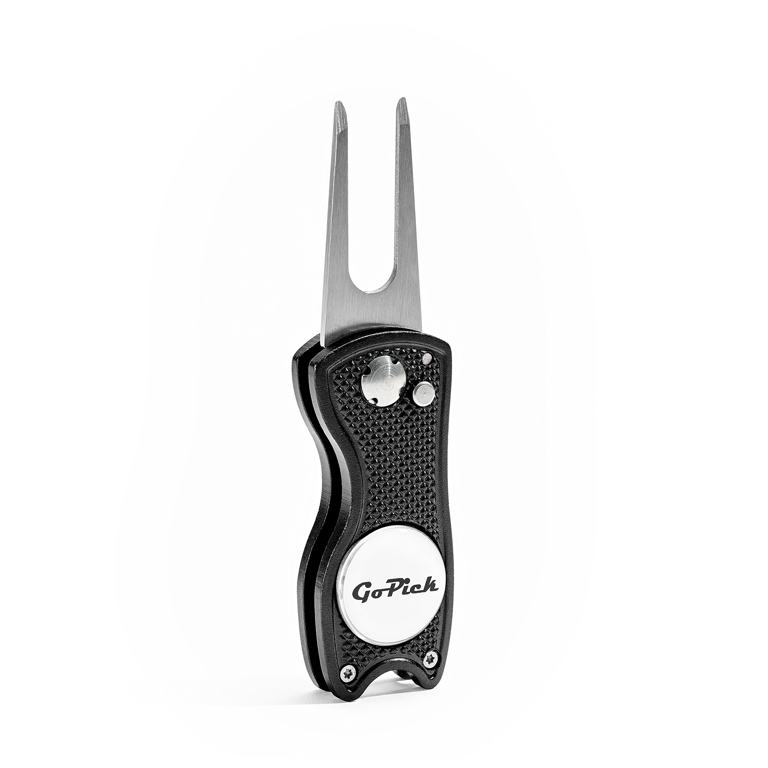 GoPick Golf Divot Repair Tool - Stainless Steel Switchblade With Detachable Ball Marker