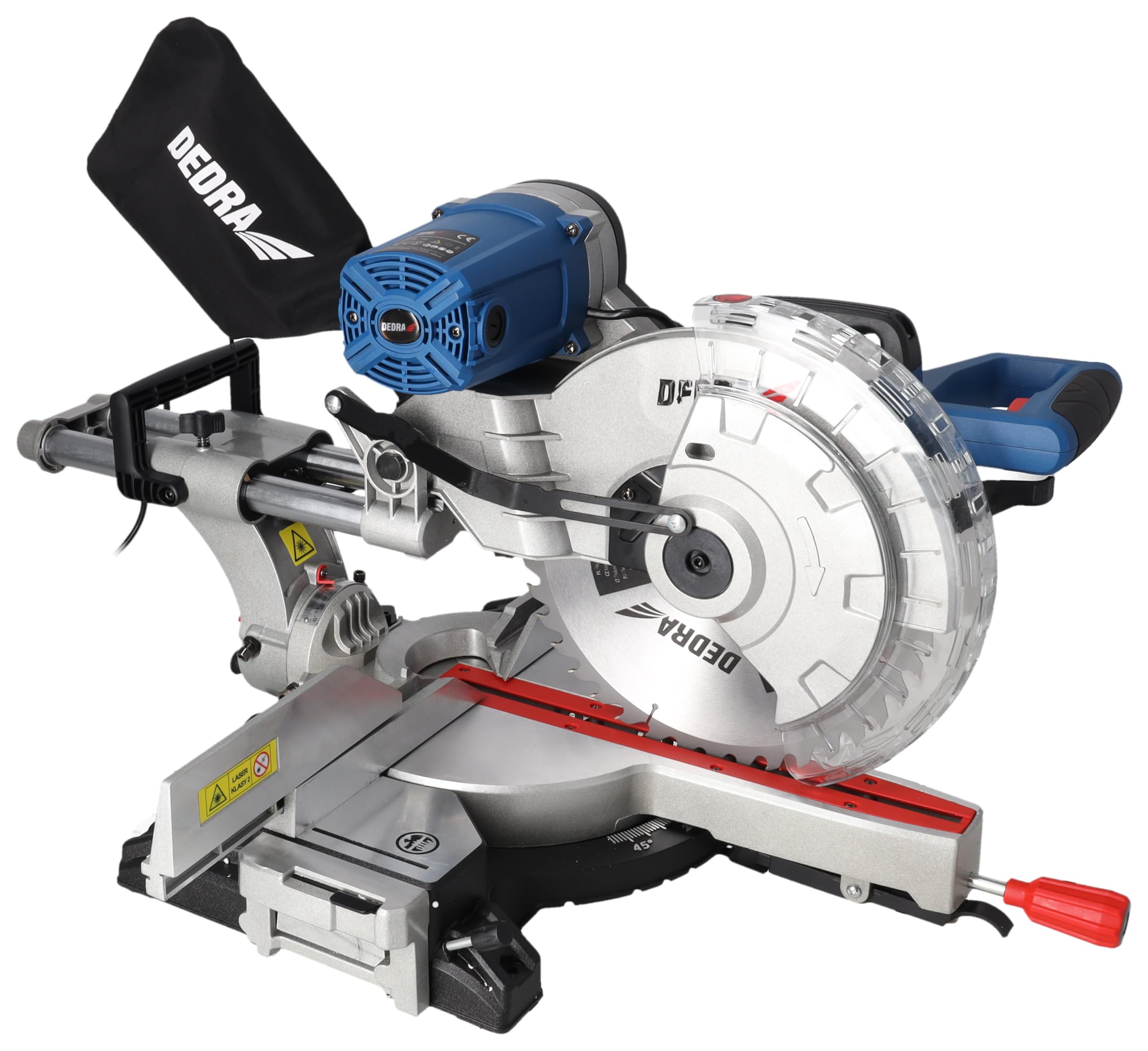 DEDRA piła ukośna z posuwem, moc 2000 W, 305 mm brzeszczot, do 4500 obr./min, piła ukośna, 2-stronne nachylenie, łagodny rozruch, funkcja posuwu, laser, osłona tarczy tnącej, prowadnice metalowe i
