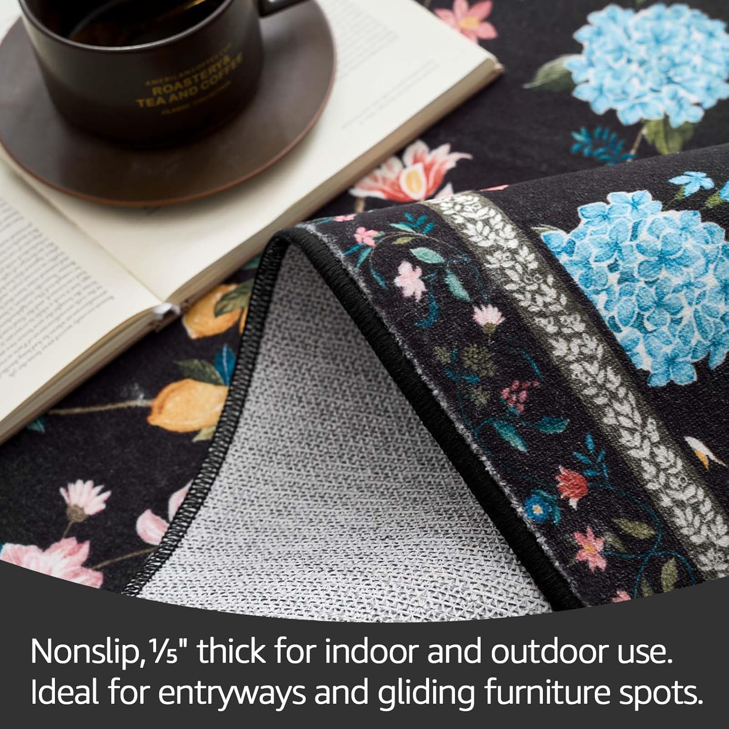 jinchan Floral Round Rug 4ft, Soft Non Slip Small Rugs Washable, Indoor Circel Bathroom Low Pile Chinoiserie Throw Carpet for Entryway, Bedroom Door Mat Kitchen Decor, Black