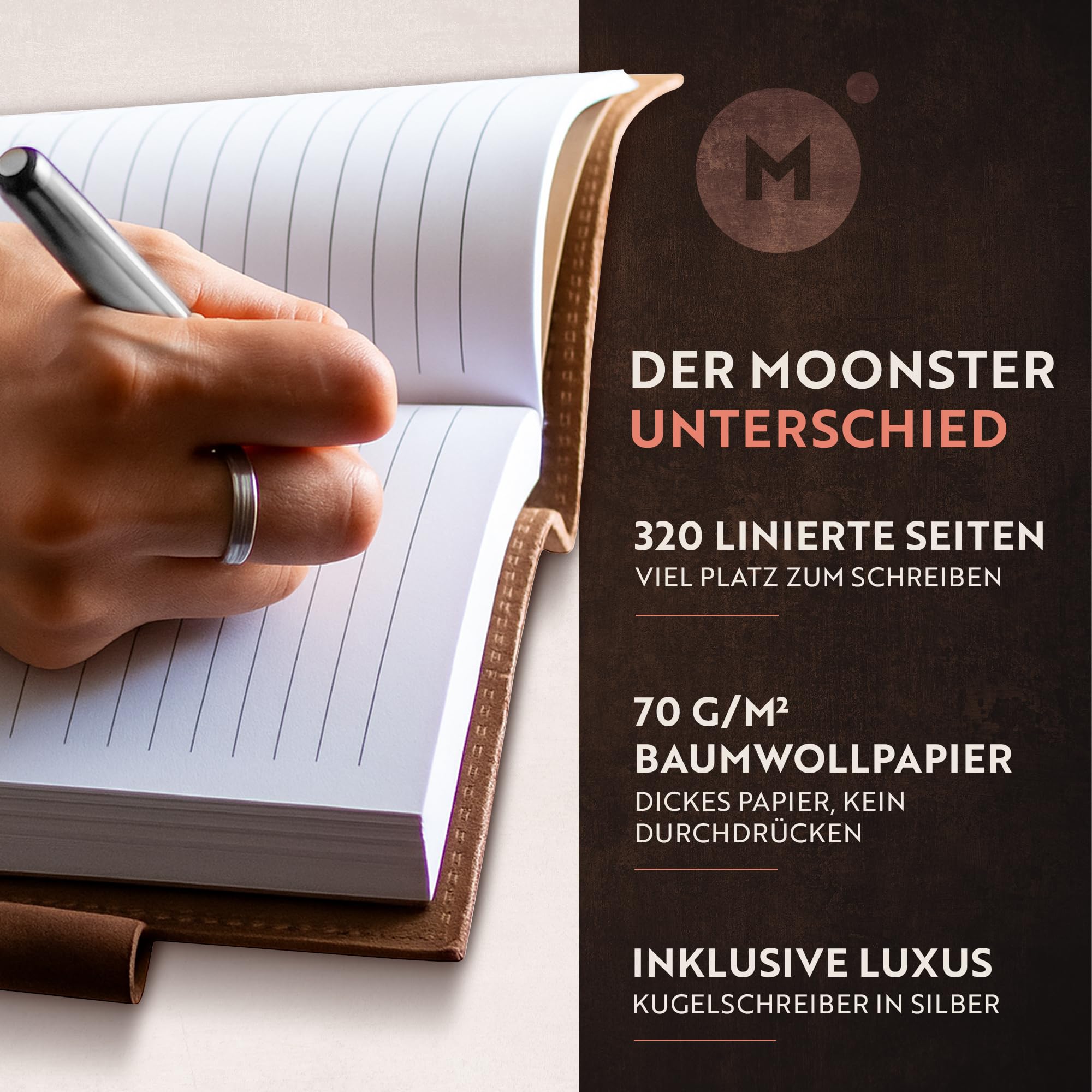 moonster Auffüllbares Liniertes Notizbuch Leder - Heft mit Stift - Tagebuch für Erwachsene mit Herz – Handgemachtes Notizbuch Klein aus Echtleder mit Stifthalter, hochwertigem A5-Papier & Luxus-Stift
