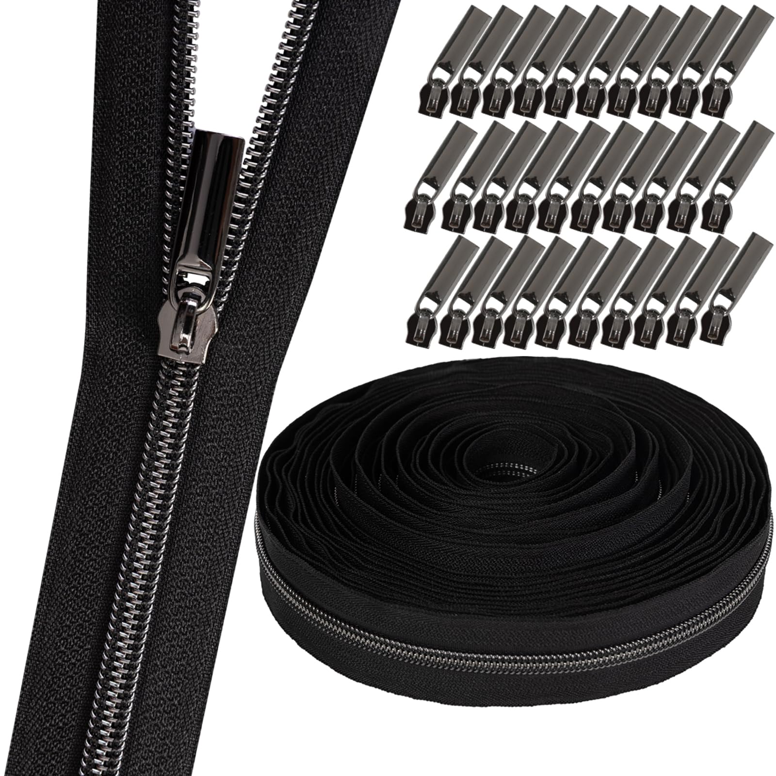 GUBOCA 9 M Cerniera Lampo Lunga,Cerniere in Nylon per Cucito a Metro con 30 Pezzi di Accessori (Nero,Nero)