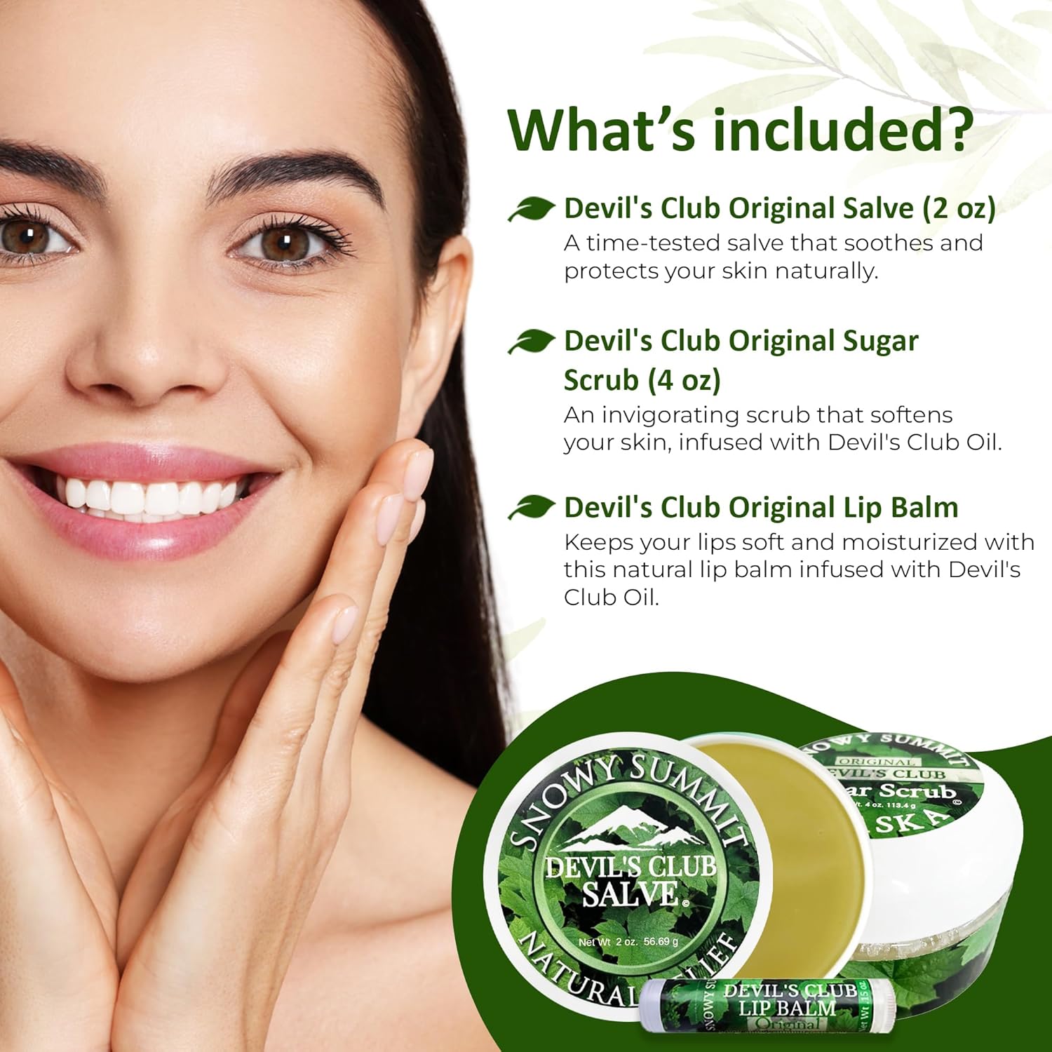 Snowy Summit's 3-Pc Devil's Club Gift Bag Set – Includes All-Natural Handcrafted Salve, Revitalizing Sugar Scrub, and Moisturizing Lip Balm for Body Care - Skin Care Package with Alaskan Ingredients