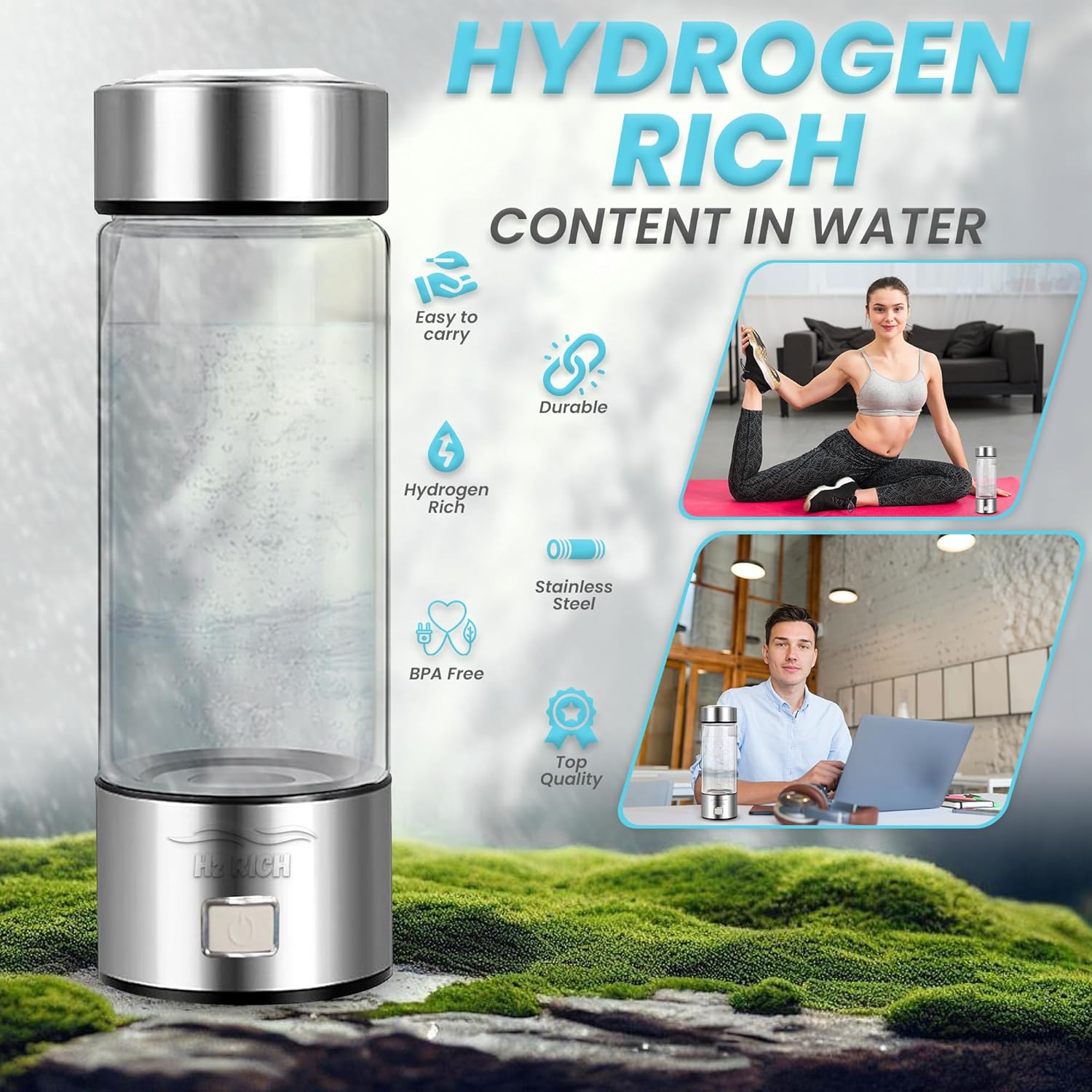 Hydrogen Water Bottle, 2024 Hydrogen Water Bottle Generator, Enhance Your Water in just 3 Minutes with SPE PEM Technology. Ideal for Exercise, Office, Travel, Health, Daily Use, Gift