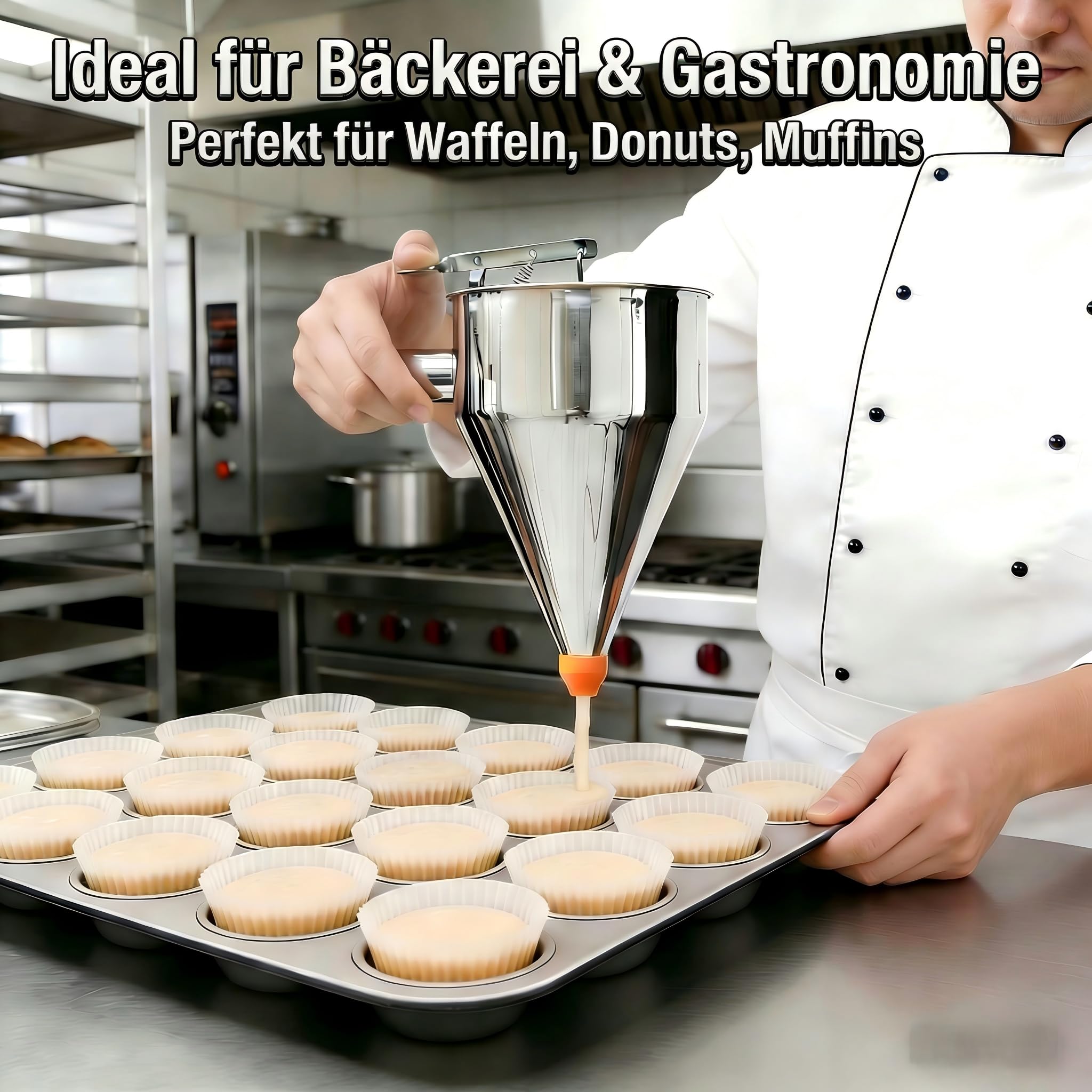 Edelstahl Teigportionierer 1200 ml – Profi Teigdosierer mit Druckhebel & 7 Düsen – Präzise Portionierung für Bäckerei, Gastronomie, Waffeln, Donuts & Muffins
