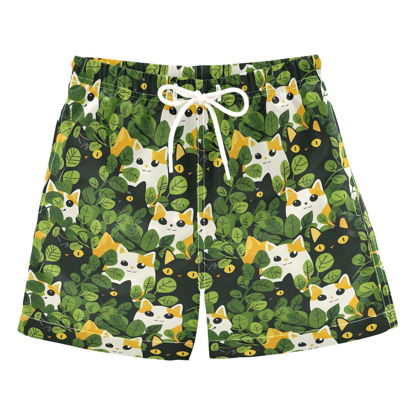 ALAZA Cat Kitten Green Leaves Boys Quick Dry Beach Board Shorts Kids Swim Trunks Bathing Suit Swimsuit 2T