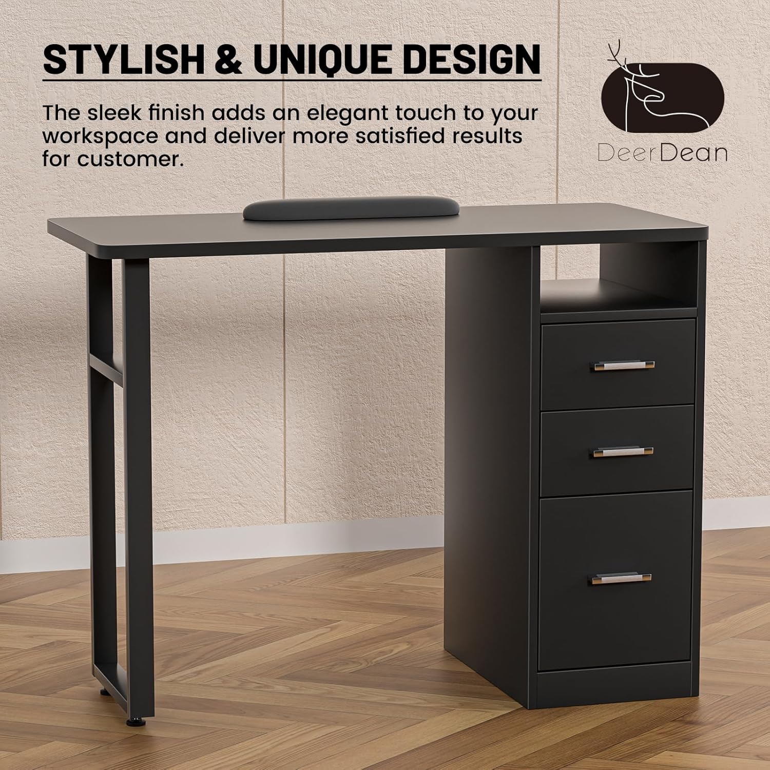Nail Desk Acetone Resistant Manicure Table Station Black Desk w/Wrist Cushion, Drawers & Cabinets