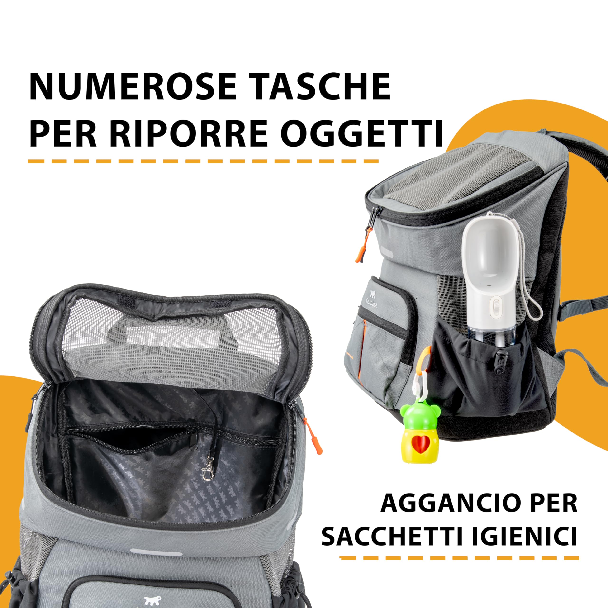 Ferplast Zaino per Cani VOYAGER BACKPACK, Trasportino Gatto, Trasportino Cani, Ampia Apertura, Cinghie Regolabili, Cinghia di Sicurezza, con Cuscino, Max 10 kg, 33x23x41H, Grigio