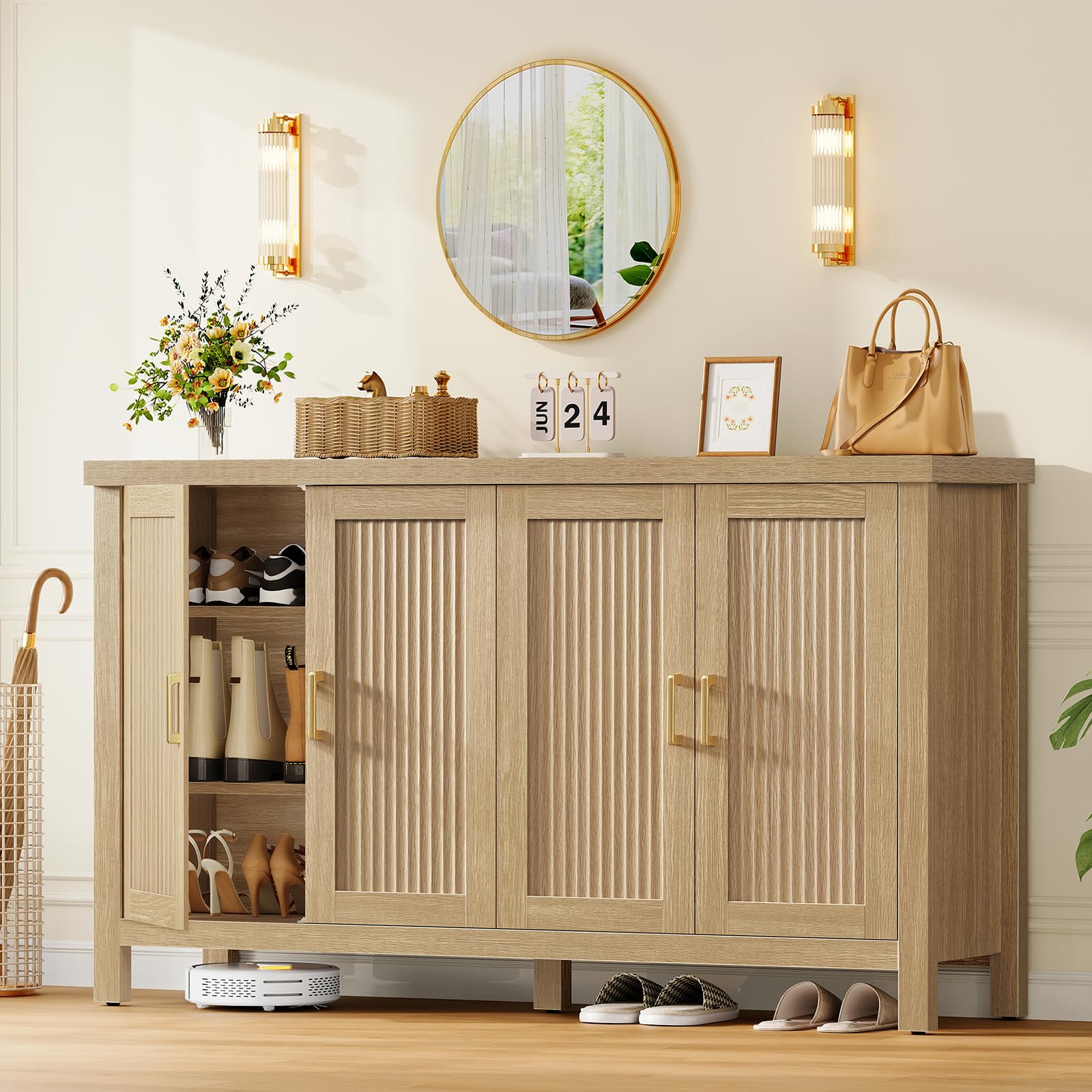 TEENFON 140cm Buffet Cuisine Cannelé 4 Portes, Meuble Cuisine à Étagères Réglables, Buffet Salle a Manger en Bois Naturel pour Salon, Cuisine – 140x38x83.6 cm