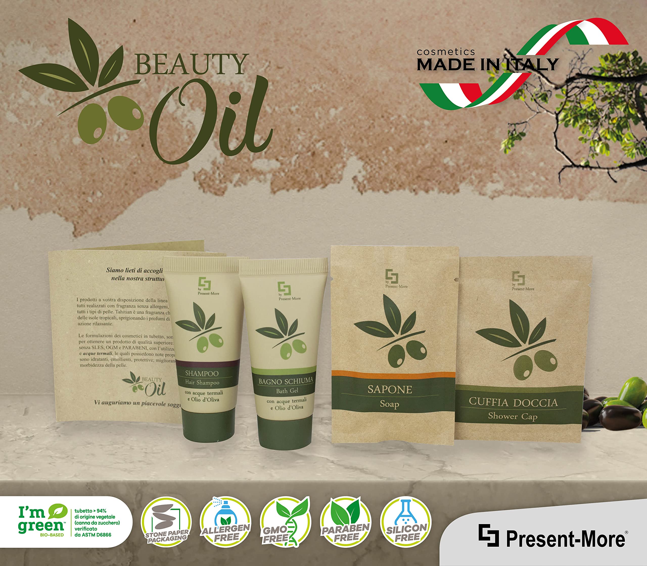 Present-More Amenities Kit Beauty Oil - Toilettenartikel 20 Gäste für Hotels und B&B | Allergenfreie Amenities Kit mit Duftnote Tahitian