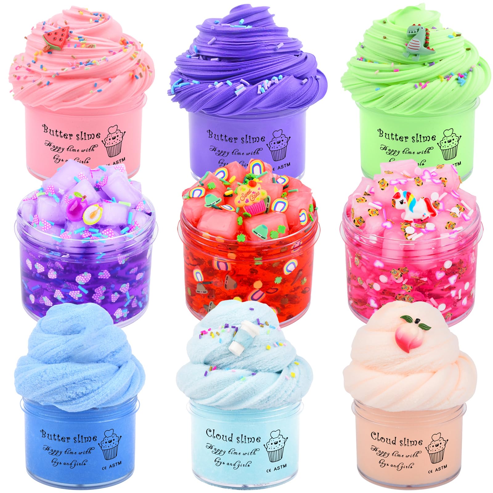9 Pack Slime Kit - 3 Jelly Cube Crunchy, 3 Cloud, 3 Butter - Soft Stretchy Clear Slime for Stress Relief, Birthday Gift, Kids Party Favors - Boys and Girls Toy