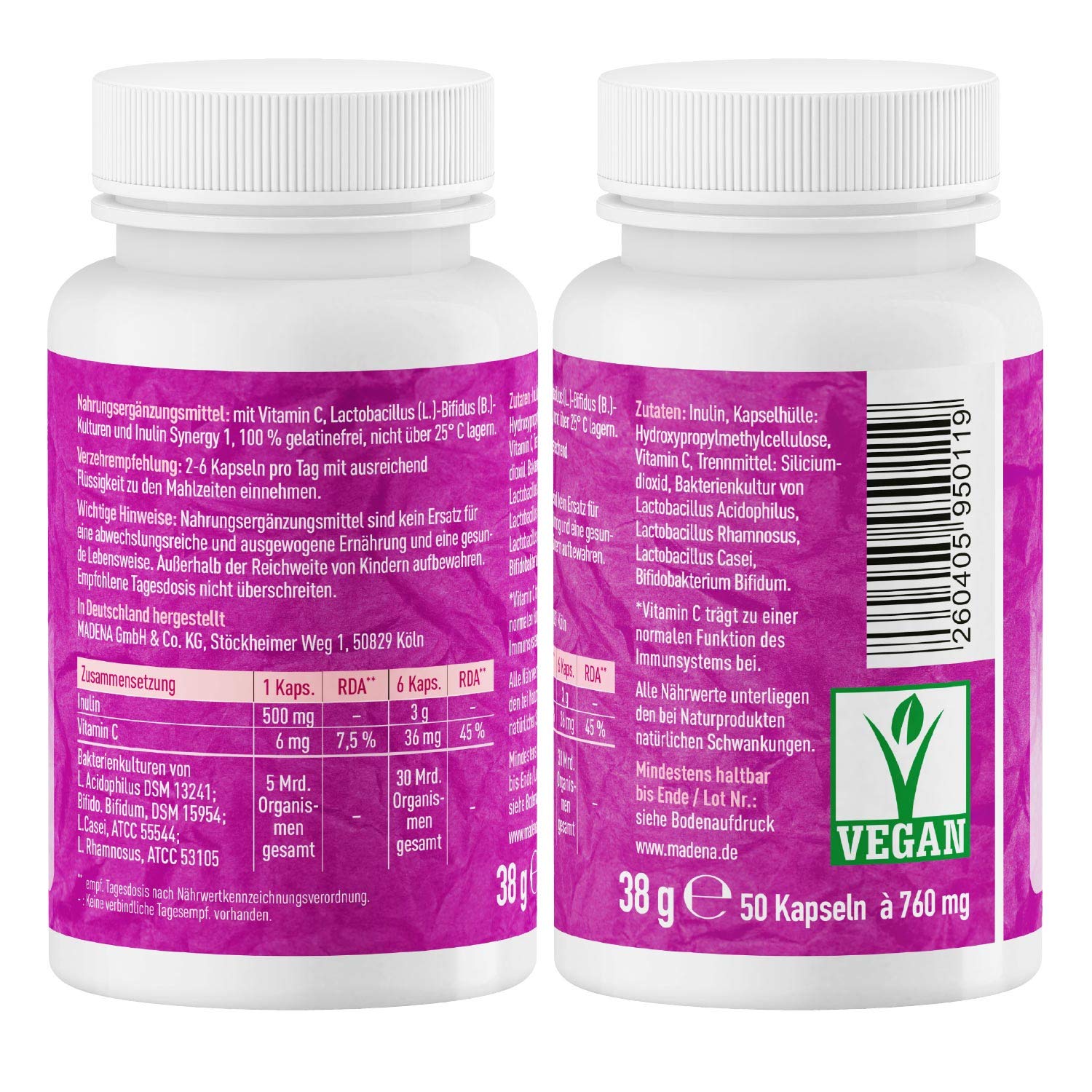 MADENA Symbio Darmbakterien, Kulturen Komplex mit Lactobacillus und Bifidobakterium Bifidum Kulturen, Inulin Synergy 1, Vitamin C, 50 Kapseln vegan, zum Immunsystem stärken