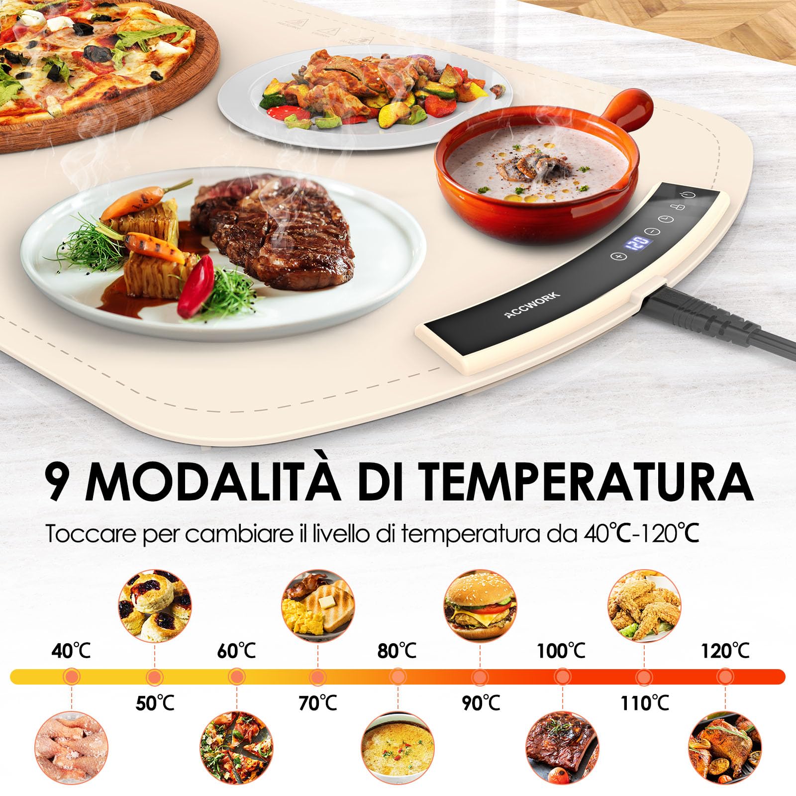 Accwork Tappetino Scaldavivande con 9 Impostazioni di Temperatura, Timer 4 Ore, Scaldavivande Elettrico Pieghevole, Vassoio Riscaldante Elettrico in Silicone per Mantenere Caldo per Feste